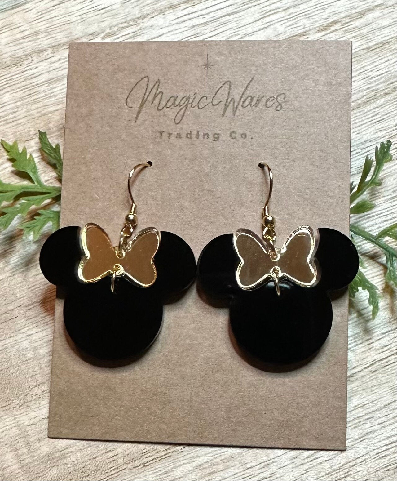 Gold and Black, Gold Mirror Minnie Bow Dangle, Laser cut Pattern Acrylic Earrings, Made to order, handmade earrings, Glowforge Earrings