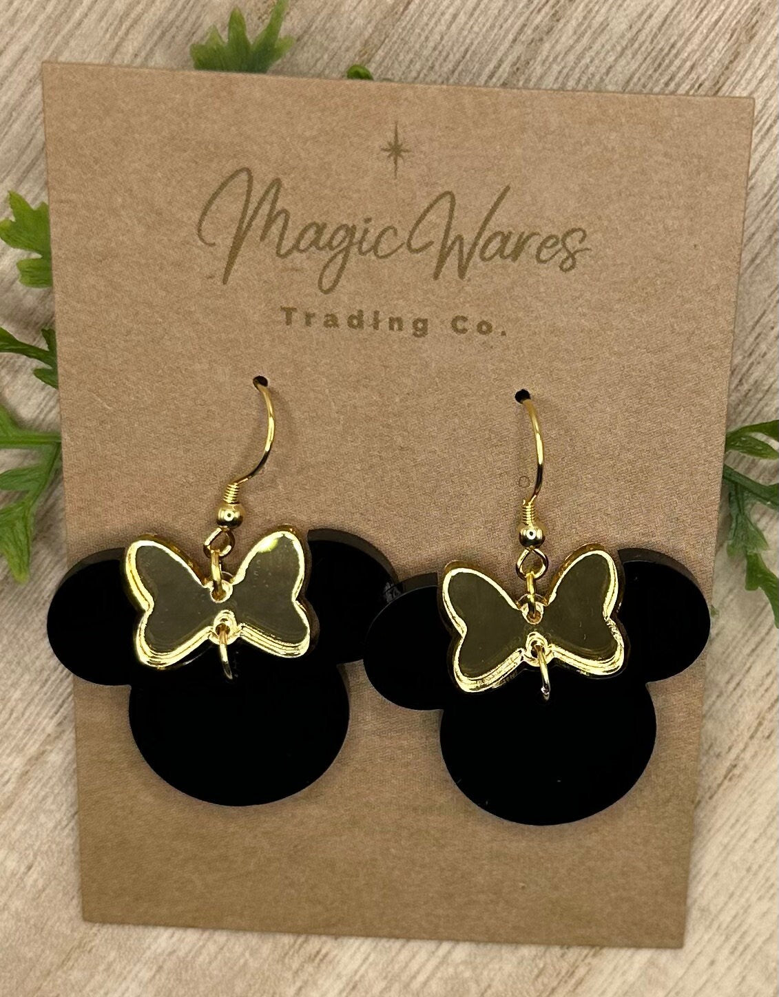 Gold and Black, Gold Mirror Minnie Bow Dangle, Laser cut Pattern Acrylic Earrings, Made to order, handmade earrings, Glowforge Earrings