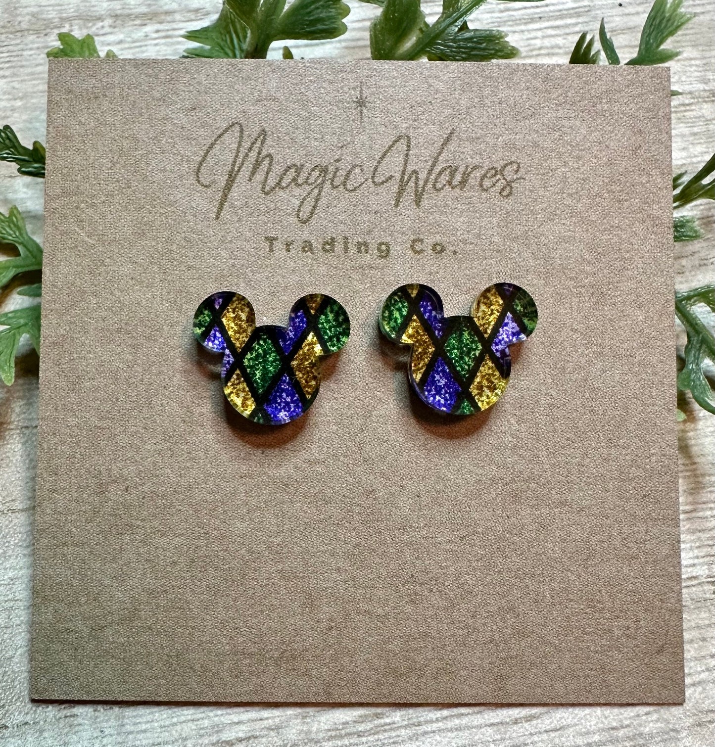 Mardi Gras Stud, Purple Green and Gold pattern acrylic, Laser cut Earrings, Made to order, Laser Engraved, Pierced Earlobe Post earrings