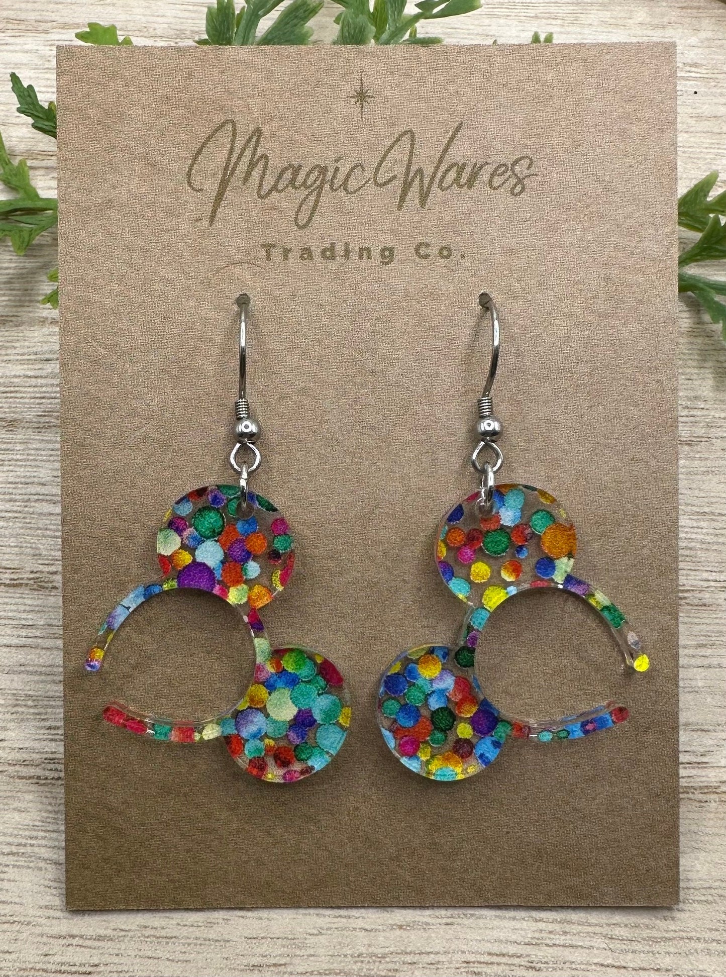 Adventure Mouse, Mouse ears headband, Laser cut Rainbow dot patterned Acrylic Earrings, Made to order, Glowforge Earrings