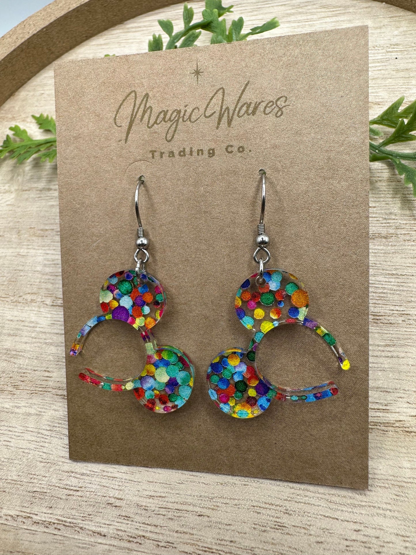 Adventure Mouse, Mouse ears headband, Laser cut Rainbow dot patterned Acrylic Earrings, Made to order, Glowforge Earrings