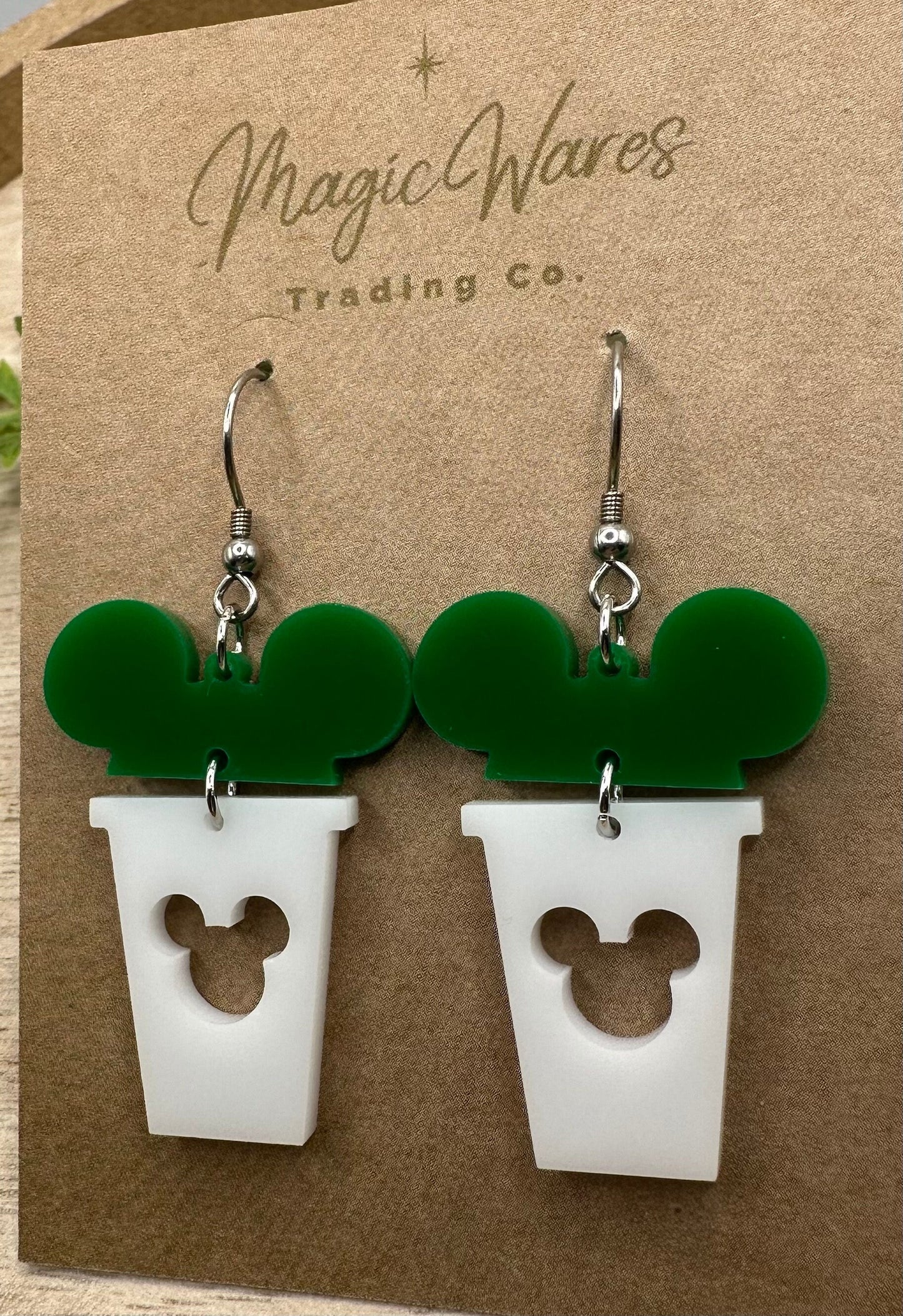 Main Street Coffee, Mouse ears Coffee cup, Laser cut Green and White Acrylic Earrings, Made to order, Glowforge Earrings