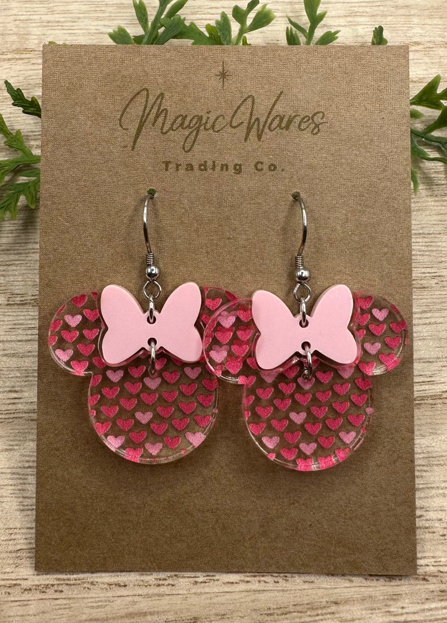Sweetheart Minnie, Pink Acrylic Minnie Bow Dangle, Laser cut Hearts Pattern Acrylic Earrings, handmade earrings, Glowforge Earrings
