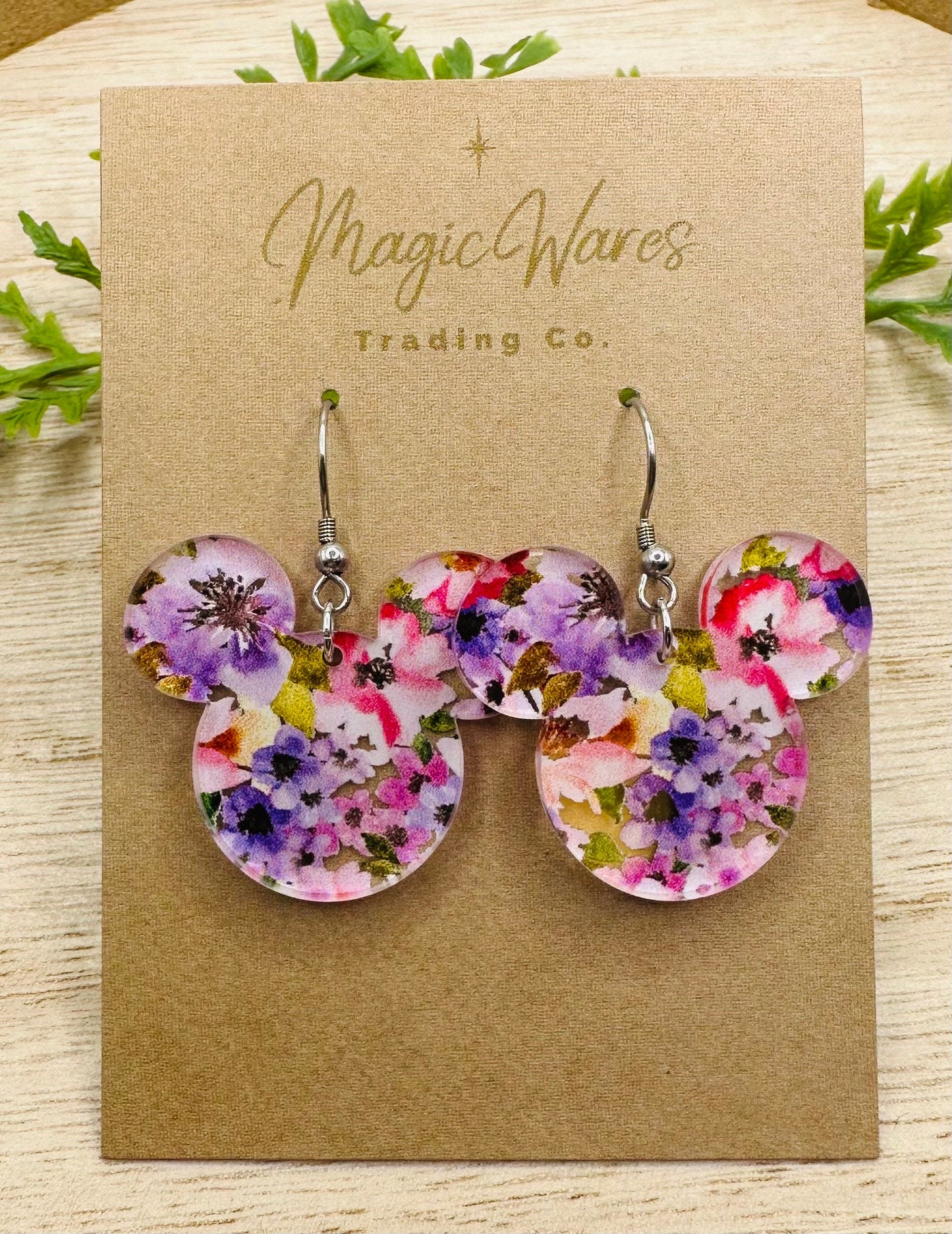 Flower Garden Mouse, Mouse head Laser cut Purple Flower Patterned Crystal Acrylic Earrings, Made to order, Glowforge Earrings