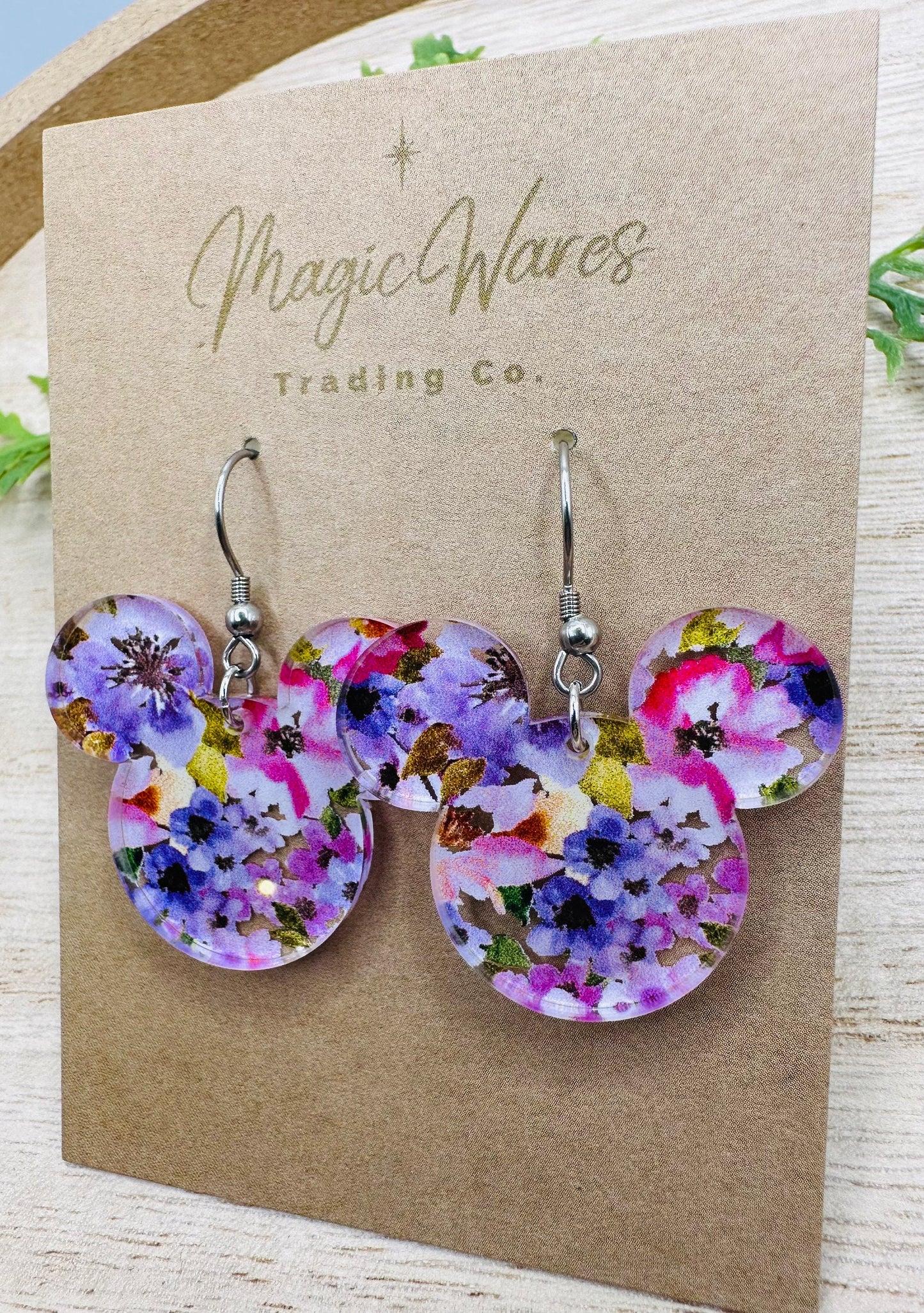 Flower Garden Mouse, Mouse head Laser cut Purple Flower Patterned Crystal Acrylic Earrings, Made to order, Glowforge Earrings