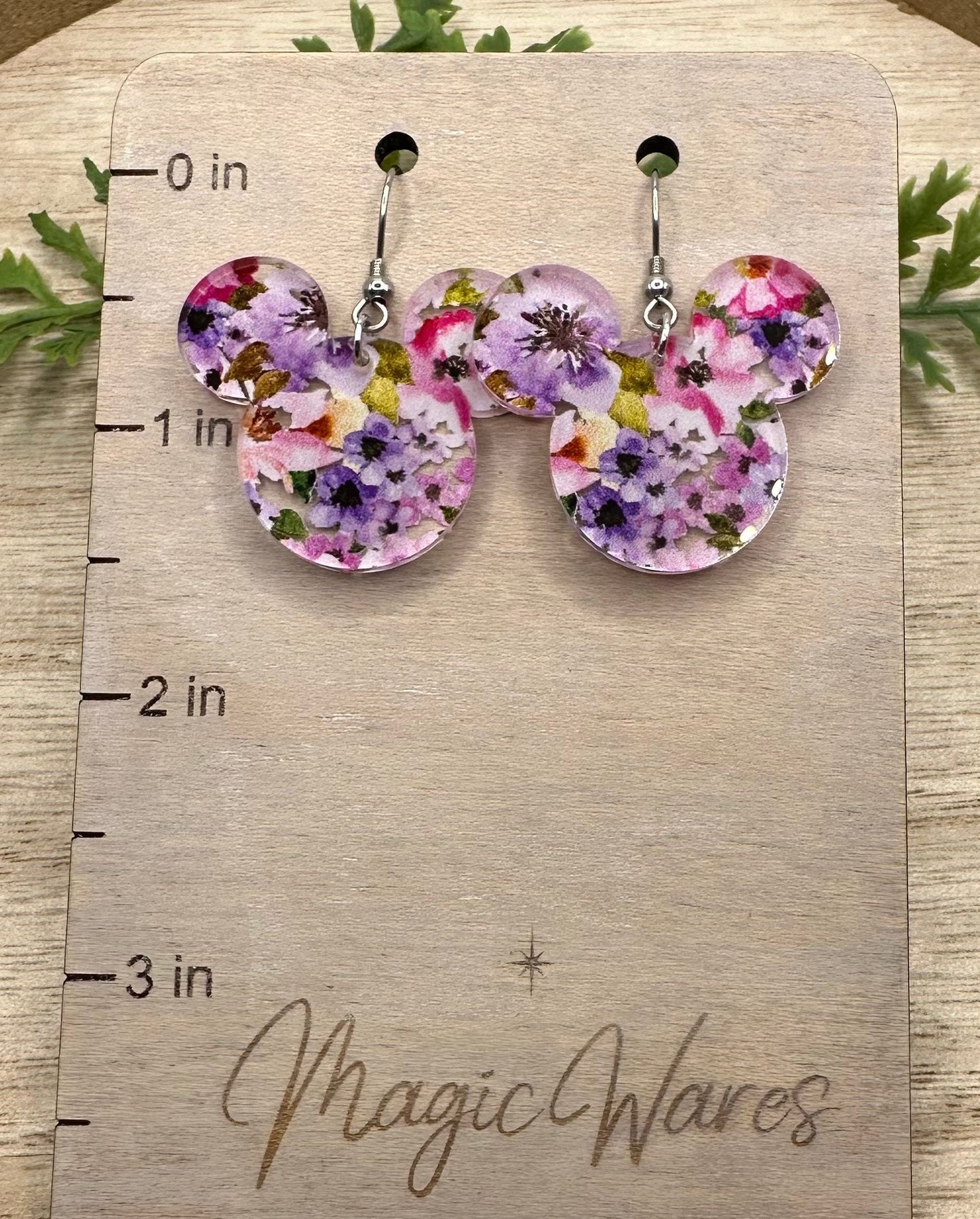 Flower Garden Mouse, Mouse head Laser cut Purple Flower Patterned Crystal Acrylic Earrings, Made to order, Glowforge Earrings