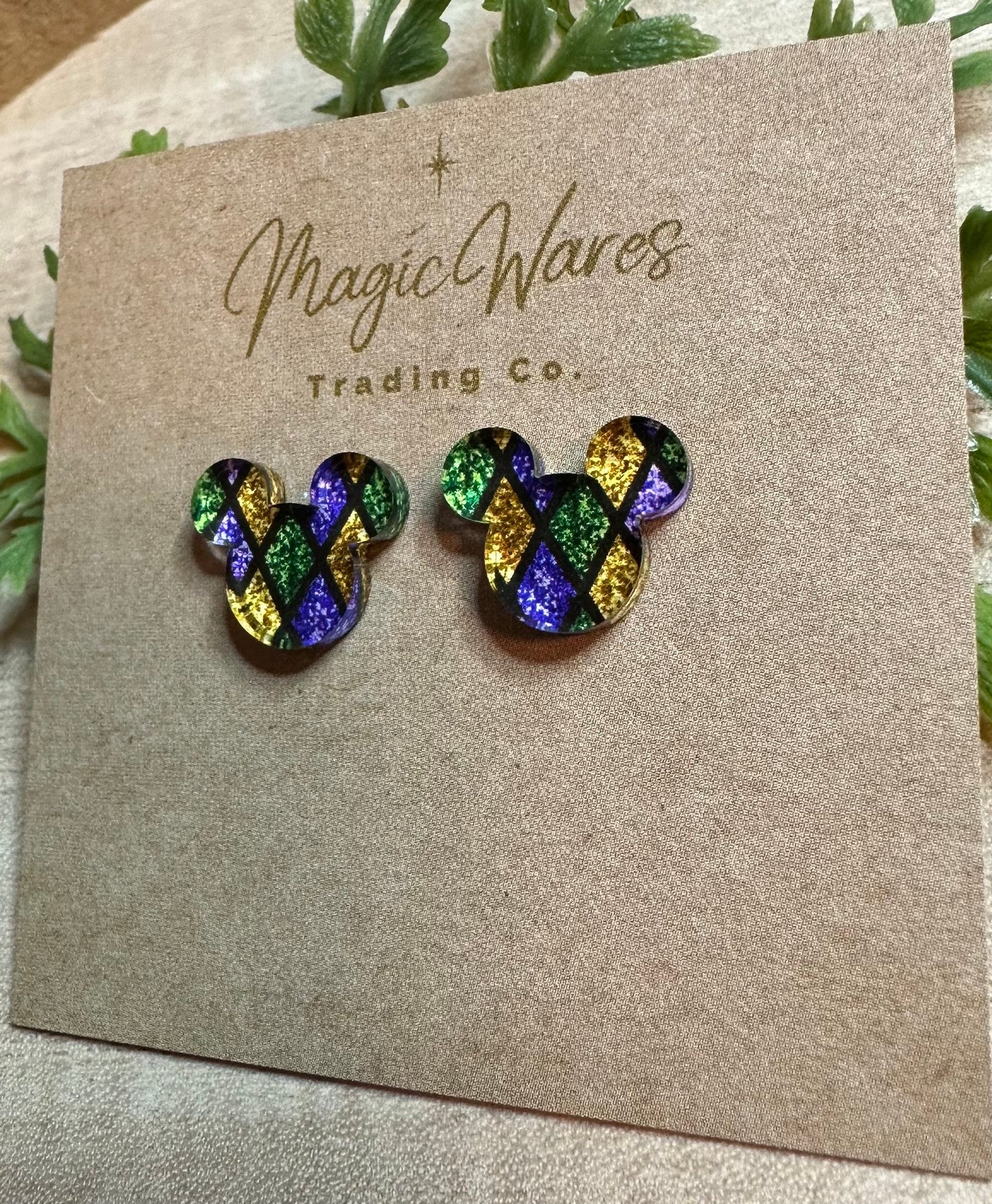 Mardi Gras Stud, Purple Green and Gold pattern acrylic, Laser cut Earrings, Made to order, Laser Engraved, Pierced Earlobe Post earrings