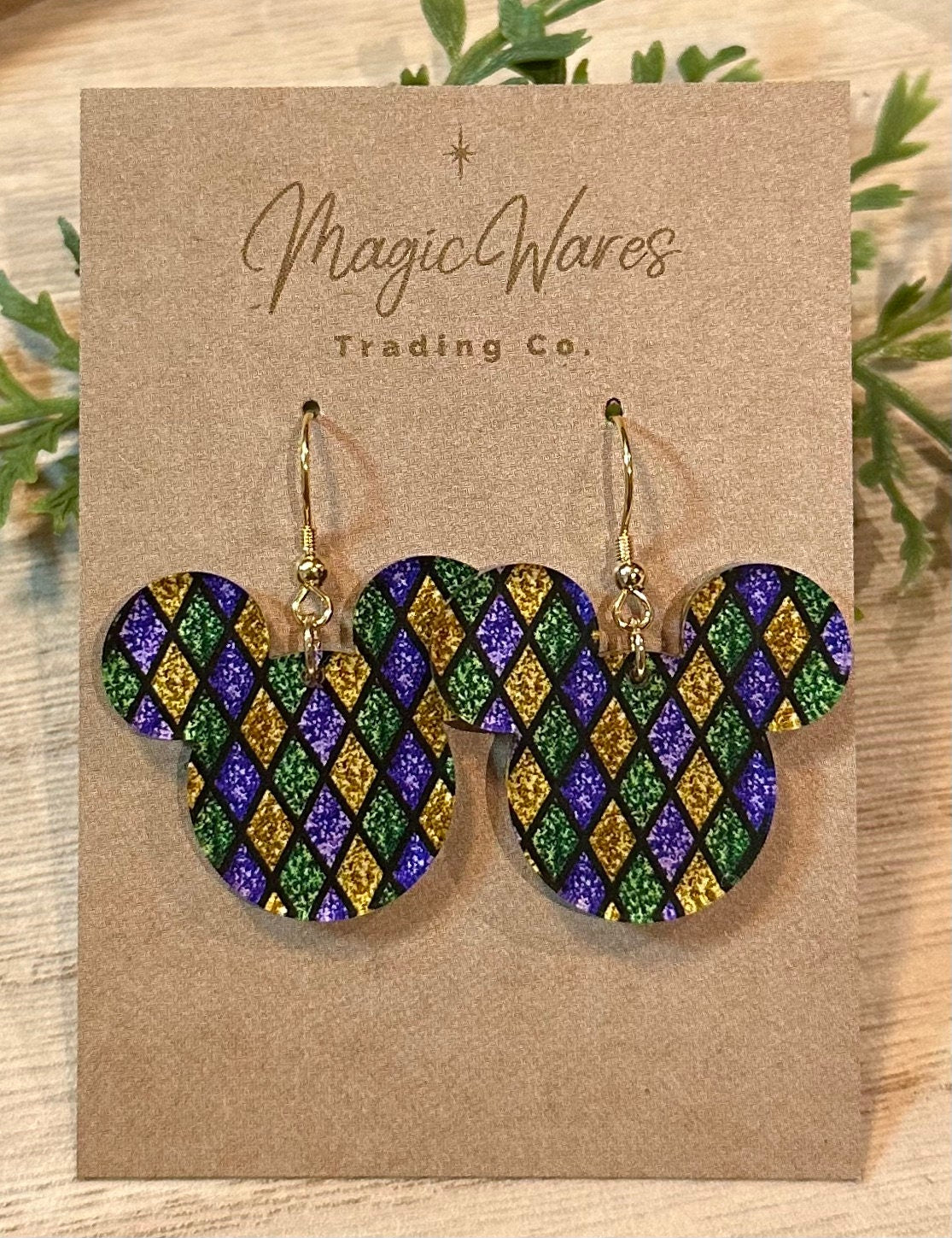 Mardi Gras Mouse, Mouse head shaped, Laser cut Purple Green and Gold Patterned Crystal Acrylic Earrings, Made to order, Glowforge Earrings