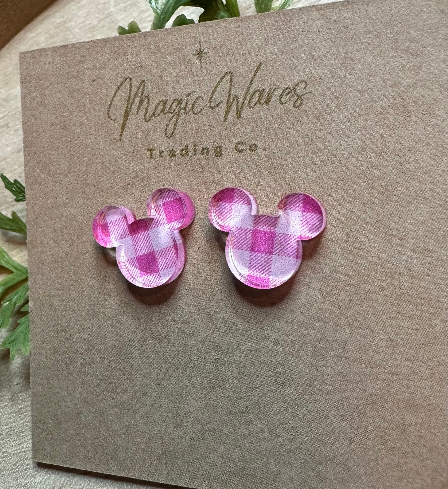 Pink Gingham Stud, Pink Plaid pattern acrylic, Laser cut Earrings, Made to order, Pierced Earlobe Post earrings, Valentines Day, Easter
