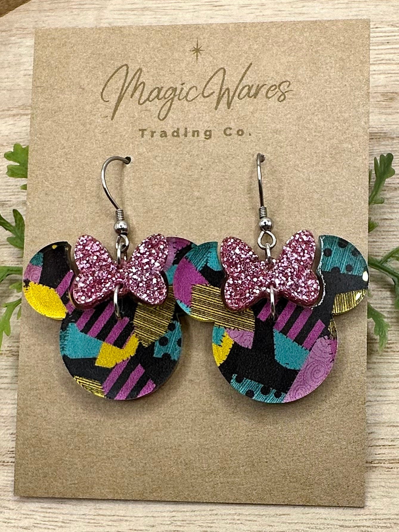 Jacks Valentine, Sally Pink Glitter Bow Dangle Earrings, Laser cut Patchwork Pattern Acrylic Earrings, handmade, Valentines Earrings