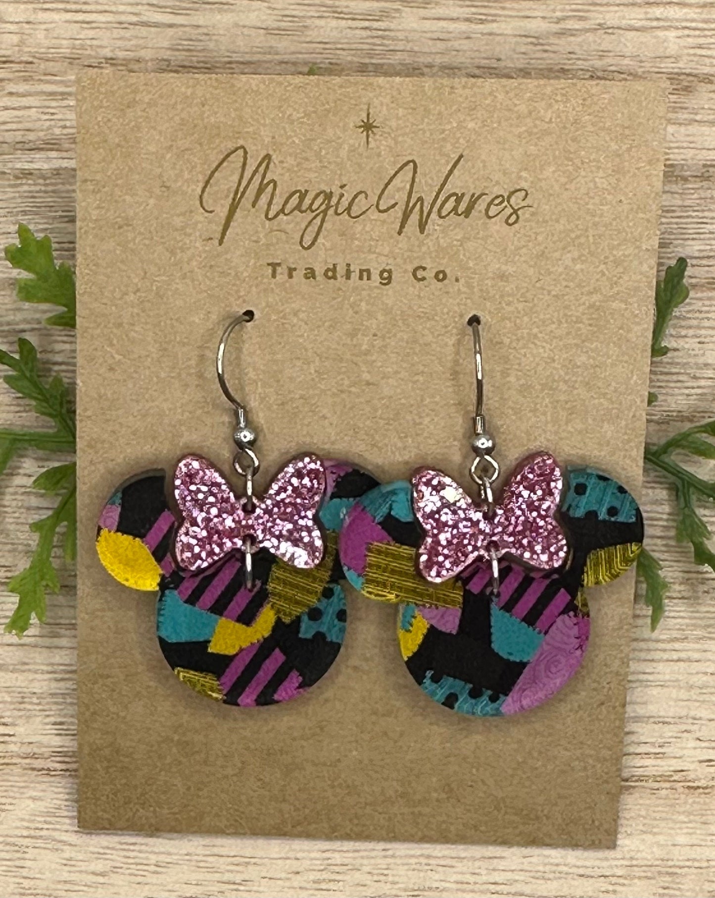 Jacks Valentine, Sally Pink Glitter Bow Dangle Earrings, Laser cut Patchwork Pattern Acrylic Earrings, handmade, Valentines Earrings