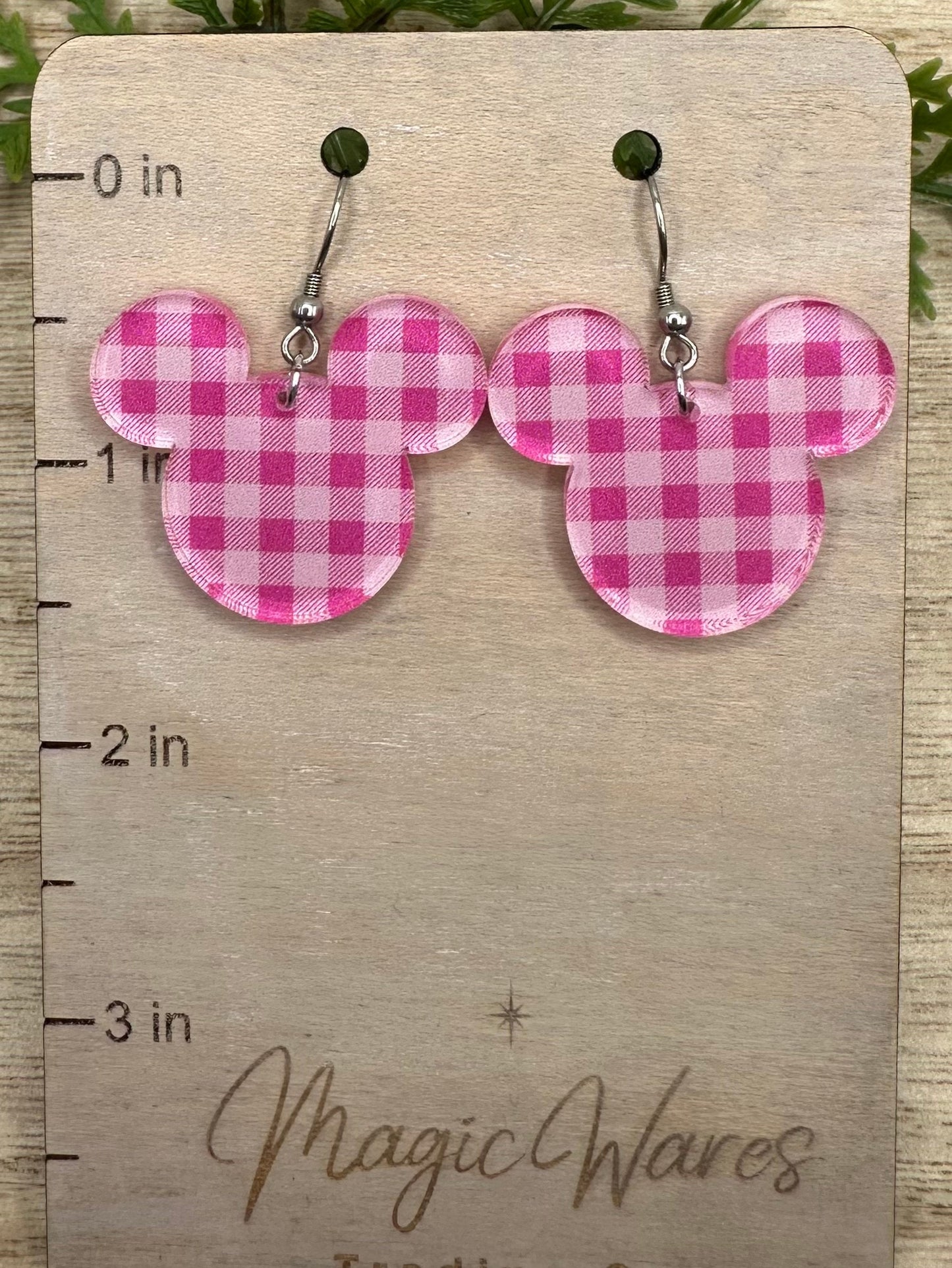 Pink Gingham, Mouse head Dangle, Laser cut earrings, Pink Gingham Plaid Patterned Crystal Acrylic Dangle Earrings, Valentines earrings