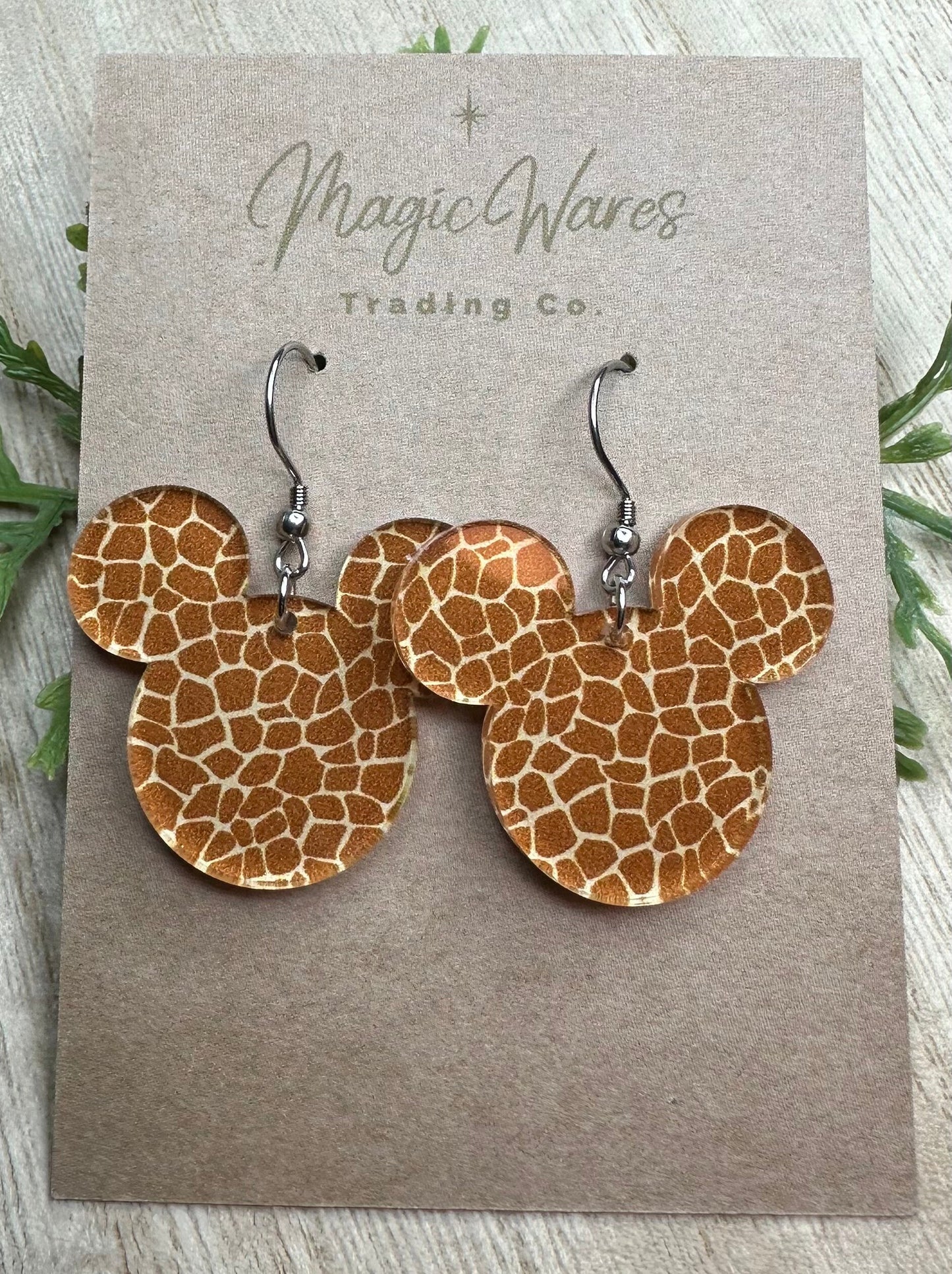 Giraffe Mouse, Laser Cut Dangle Earrings, Giraffe pattern on Crystal Acrylic, Made to order, Glowforge Laser cut earrings