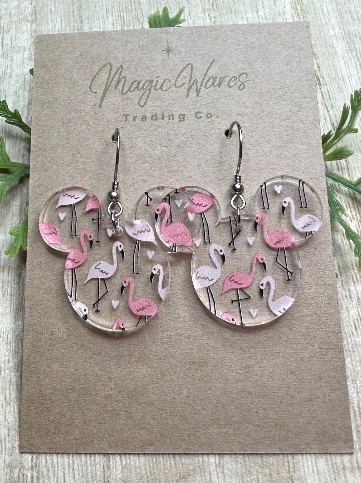 Love Birds, Mouse head shaped dangle earrings, Laser cut Flamingo and Hearts Patterned Crystal Acrylic Earrings, Made to order