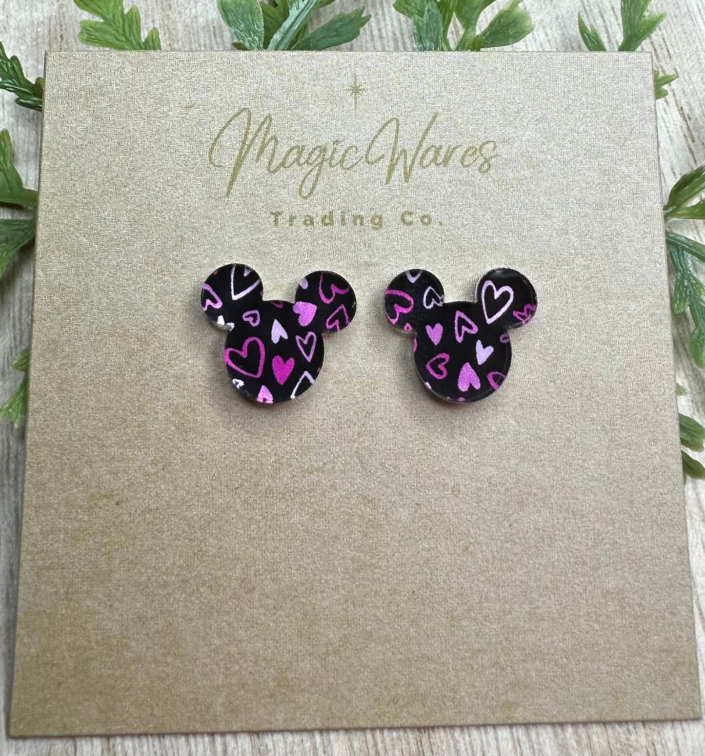 Black Hearts Stud, Mouse head shaped, Laser cut from Black Hearts pattern crystal acrylic, Pierced earlobe post back earrings