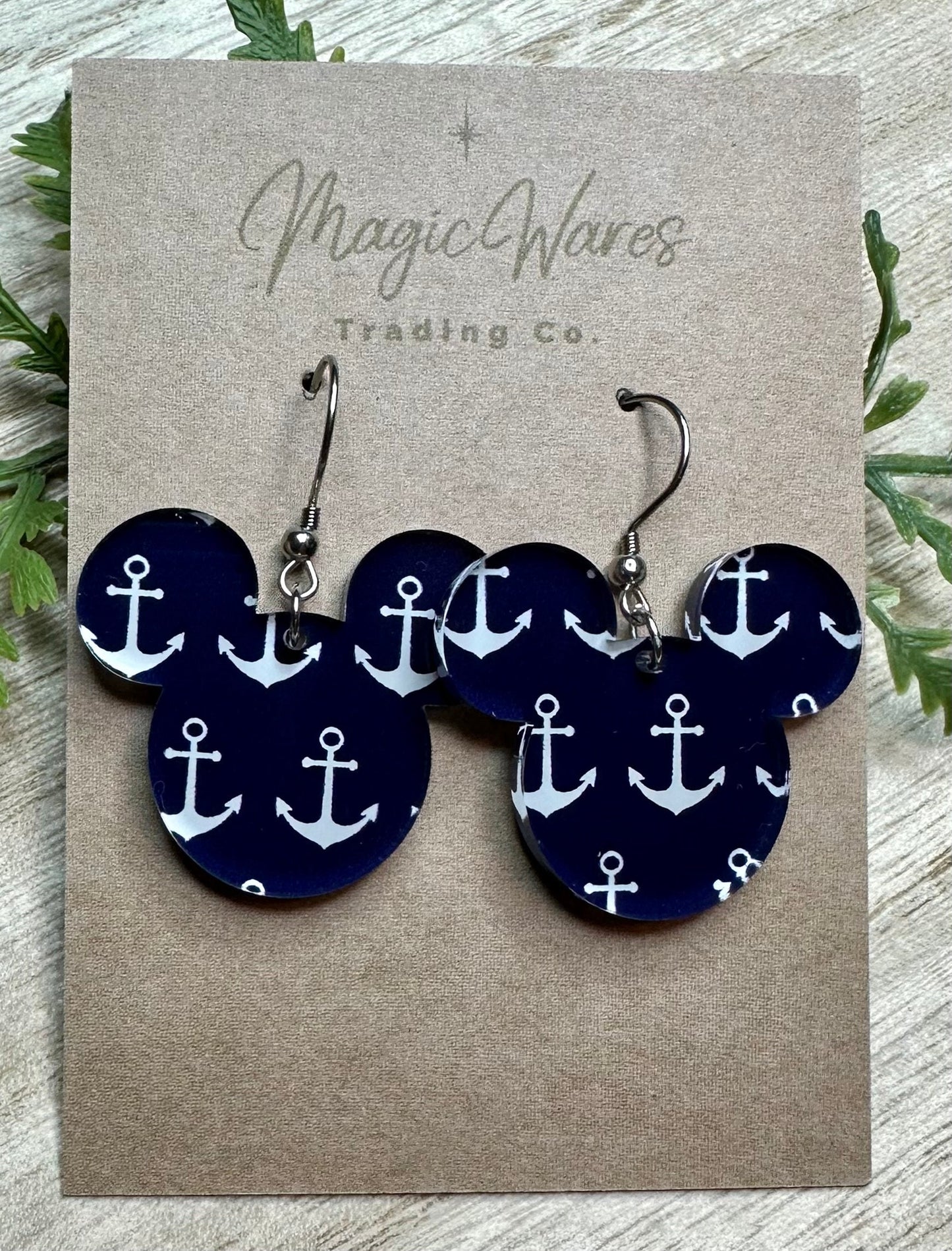 Let's Cruise, Mouse head shaped dangle earrings, Laser cut Navy with White Anchors Patterned Crystal Acrylic Earrings, Made to order