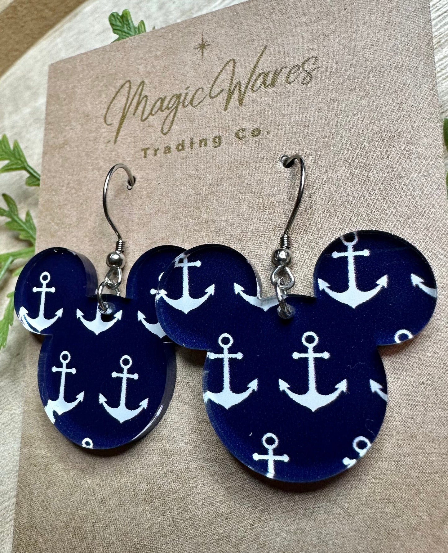 Let's Cruise, Mouse head shaped dangle earrings, Laser cut Navy with White Anchors Patterned Crystal Acrylic Earrings, Made to order
