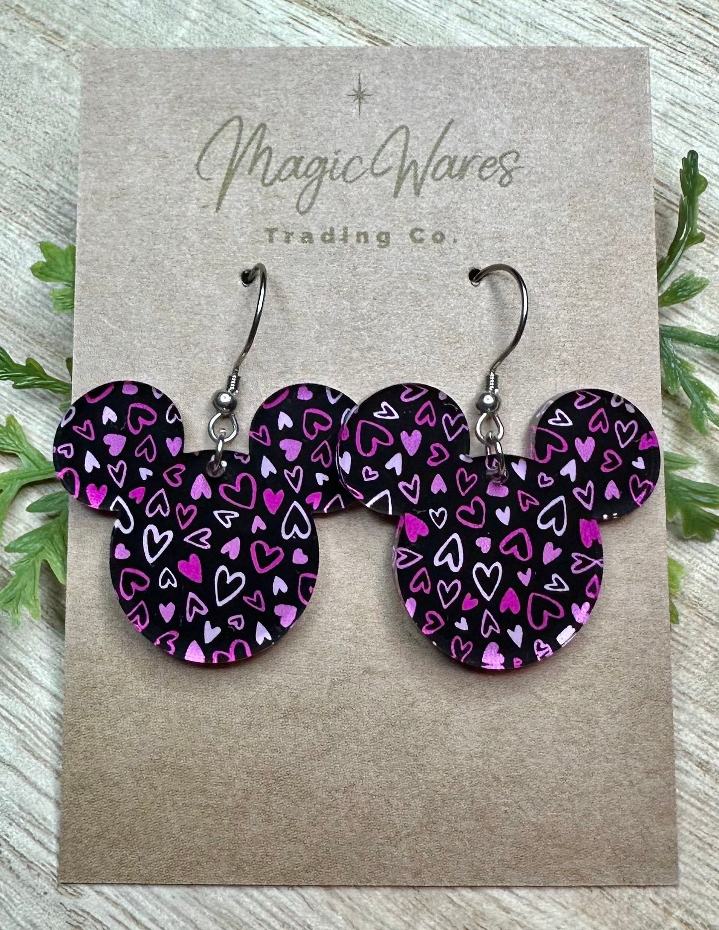 Black Hearts Valentine, Mouse head Laser cut Dangle Earrings, Black with Pink Hearts Patterned Crystal Acrylic, Valentines Earrings