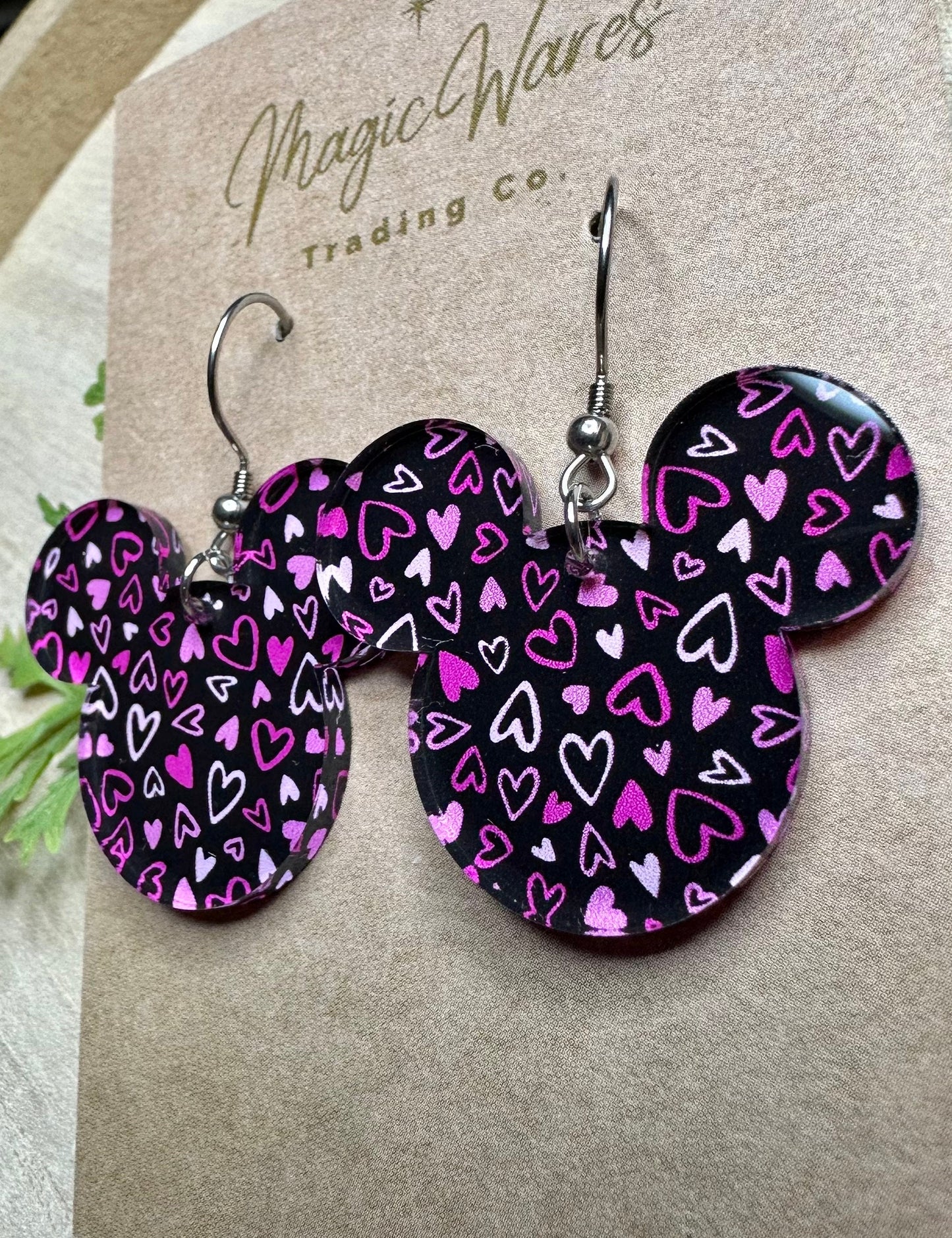 Black Hearts Valentine, Mouse head Laser cut Dangle Earrings, Black with Pink Hearts Patterned Crystal Acrylic, Valentines Earrings