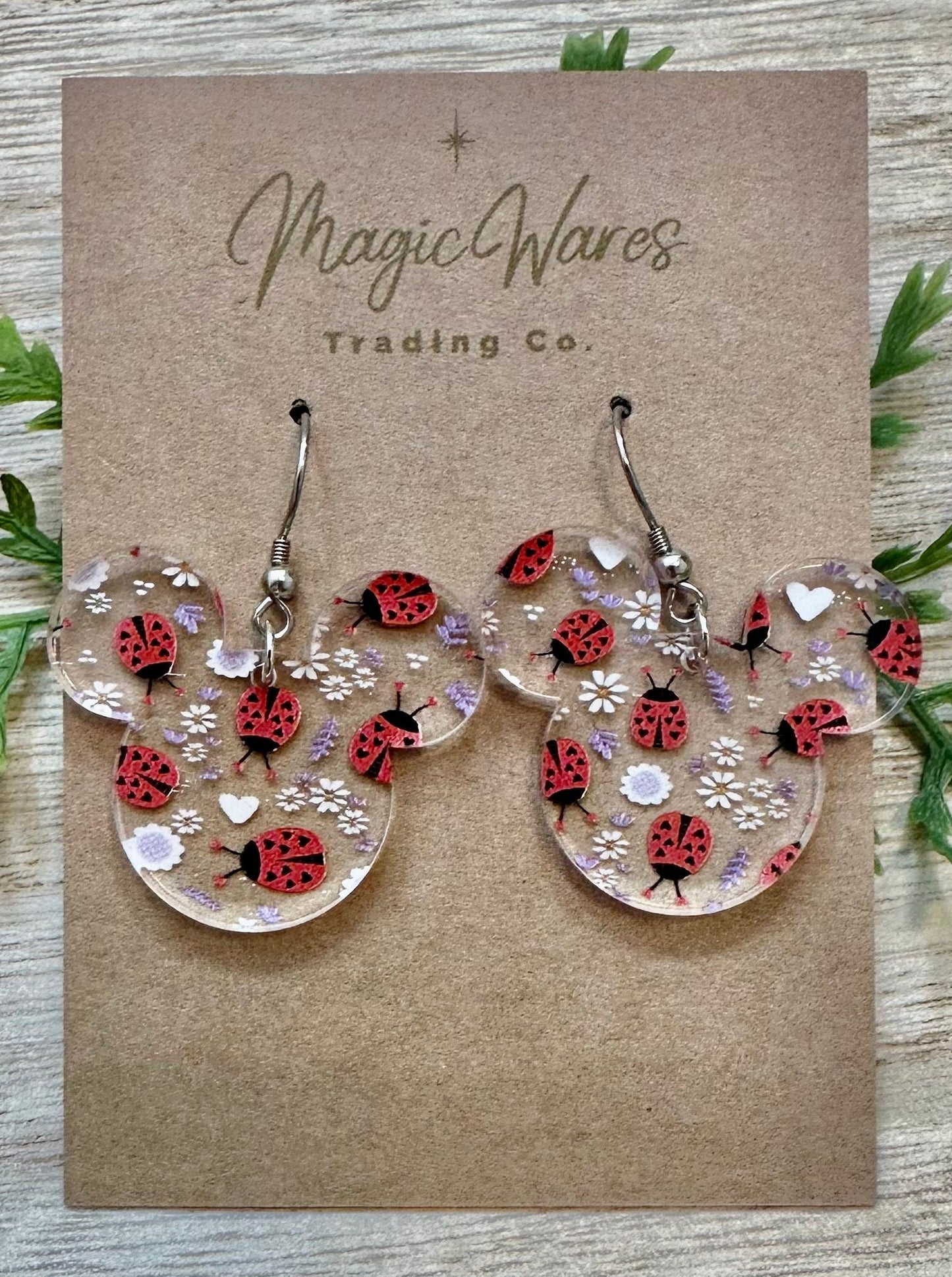 Love Bug, Mouse head Laser cut earrings, Hearts, Flowers and Lady Bug Patterned Crystal Acrylic Dangle Earrings, Valentines earrings