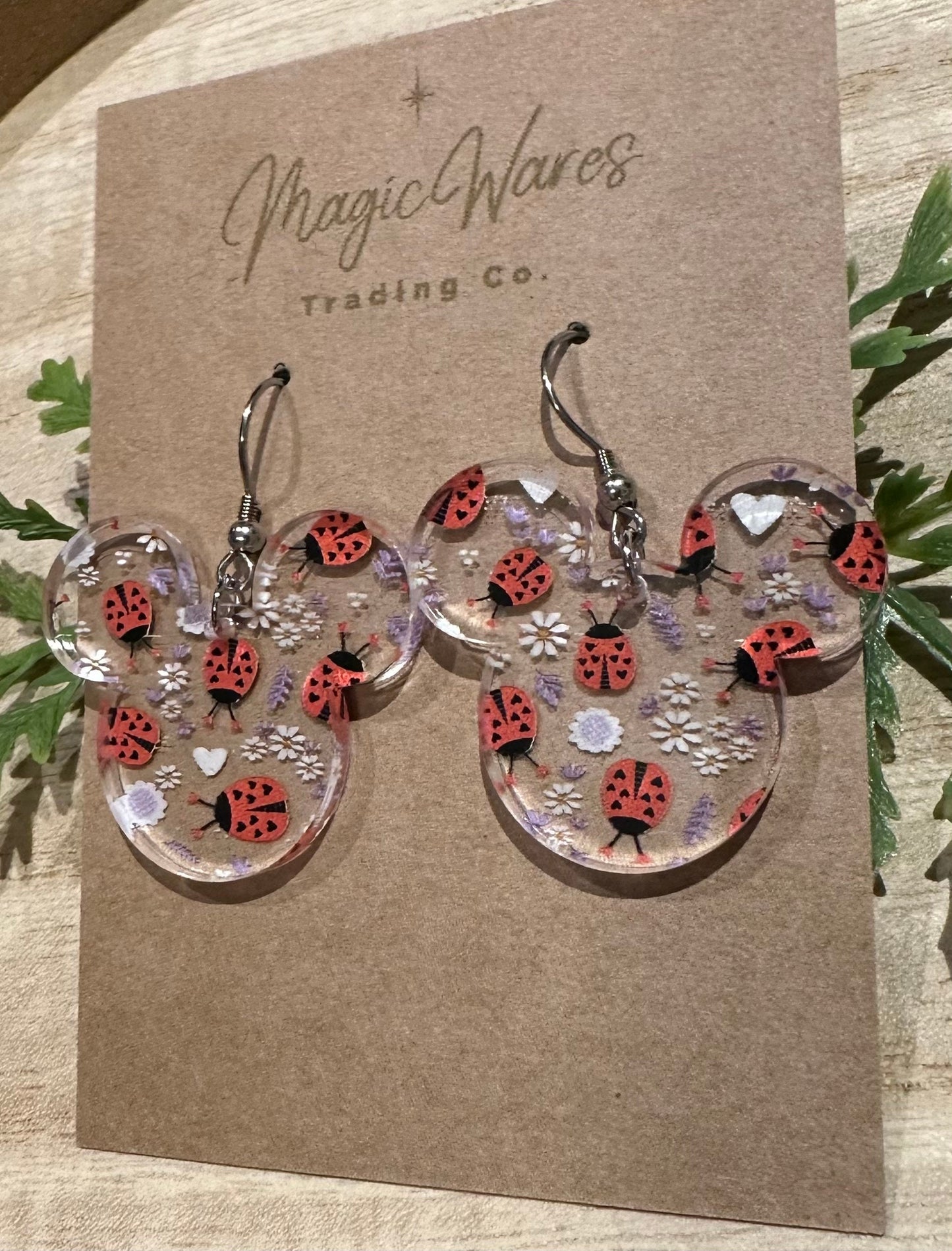 Love Bug, Mouse head Laser cut earrings, Hearts, Flowers and Lady Bug Patterned Crystal Acrylic Dangle Earrings, Valentines earrings