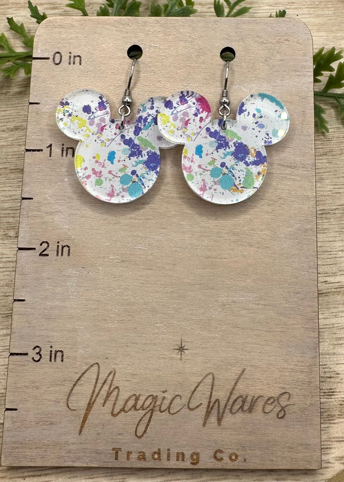 Festival of Arts, Mouse head Dangle, Laser cut earrings, Paint splatter Patterned Crystal Acrylic Dangle Earrings, Handmade earrings