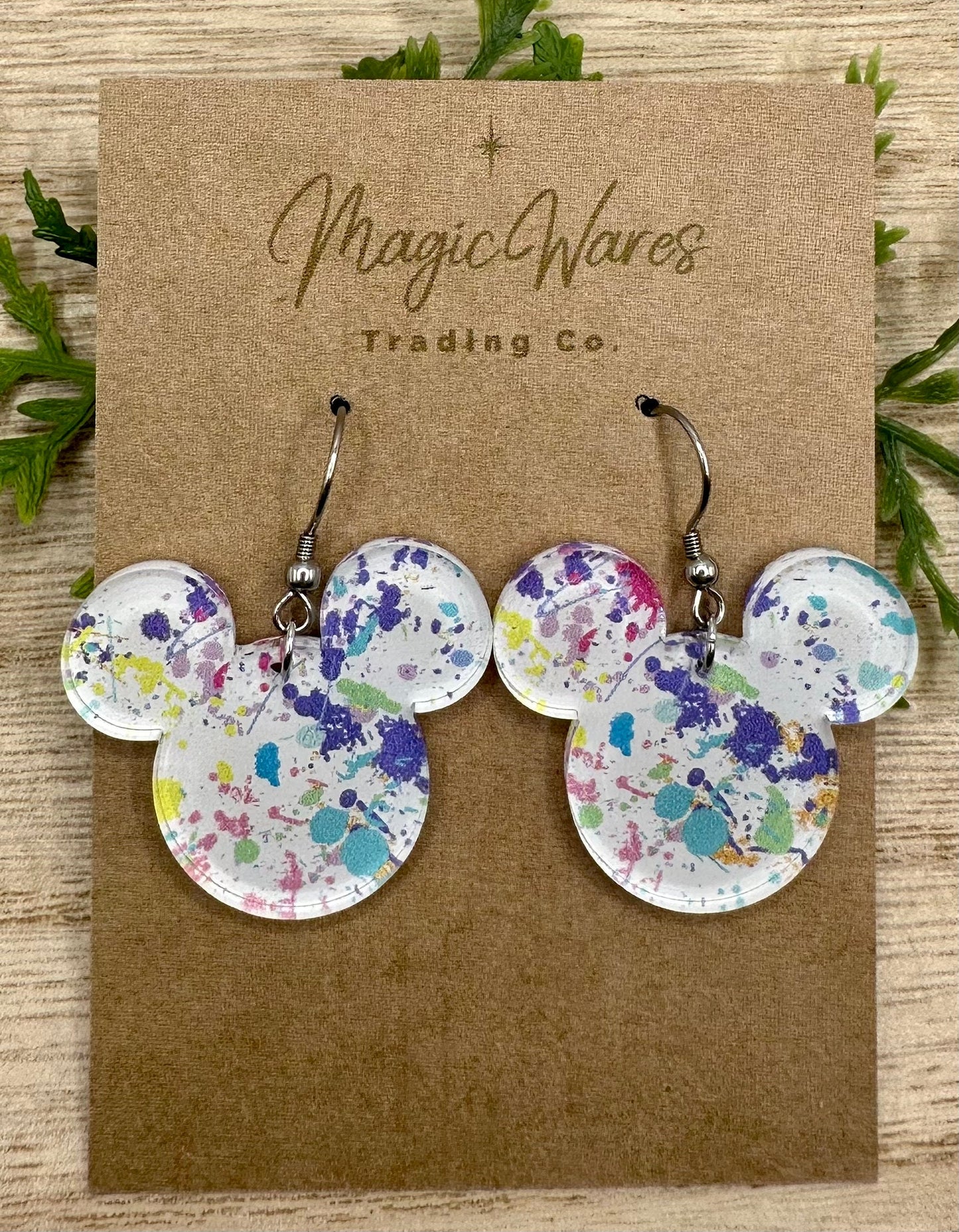 Festival of Arts, Mouse head Dangle, Laser cut earrings, Paint splatter Patterned Crystal Acrylic Dangle Earrings, Handmade earrings