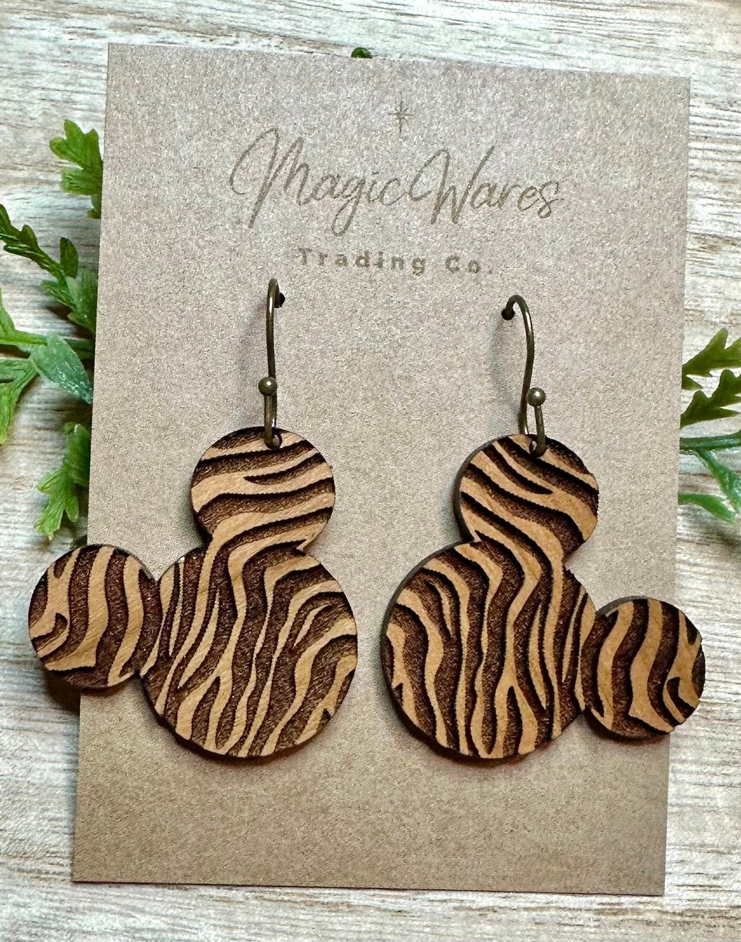Zebra Mouse, Laser Engraved Cherry Hardwood Dangle Earrings, Laser cut, Made to order, Handmade earrings