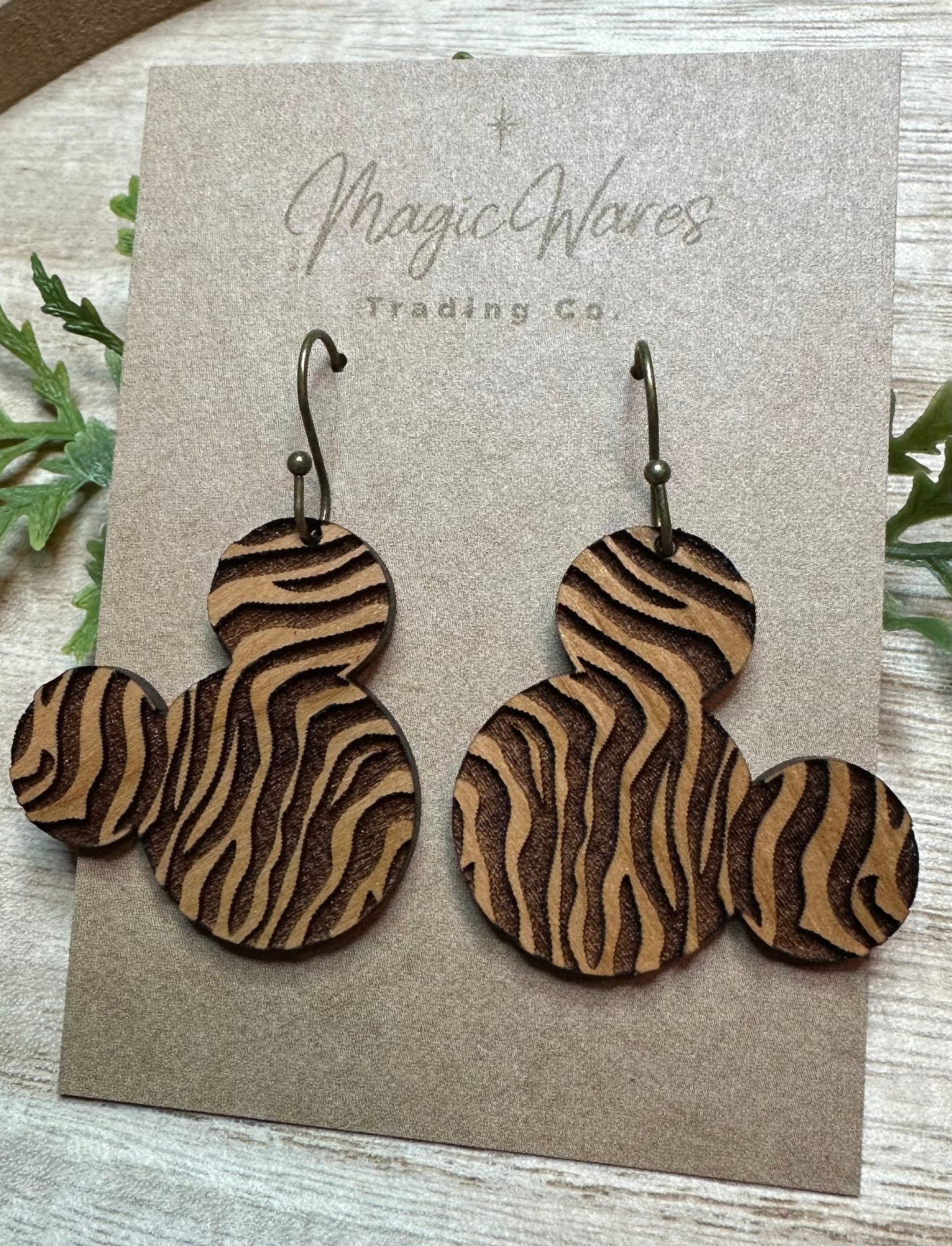 Zebra Mouse, Laser Engraved Cherry Hardwood Dangle Earrings, Laser cut, Made to order, Handmade earrings
