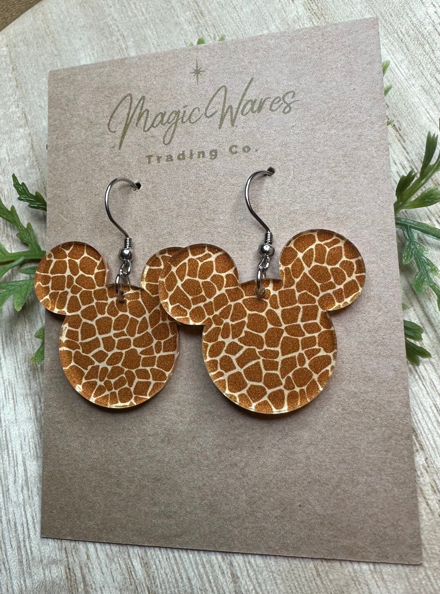 Giraffe Mouse, Laser Cut Dangle Earrings, Giraffe pattern on Crystal Acrylic, Made to order, Glowforge Laser cut earrings