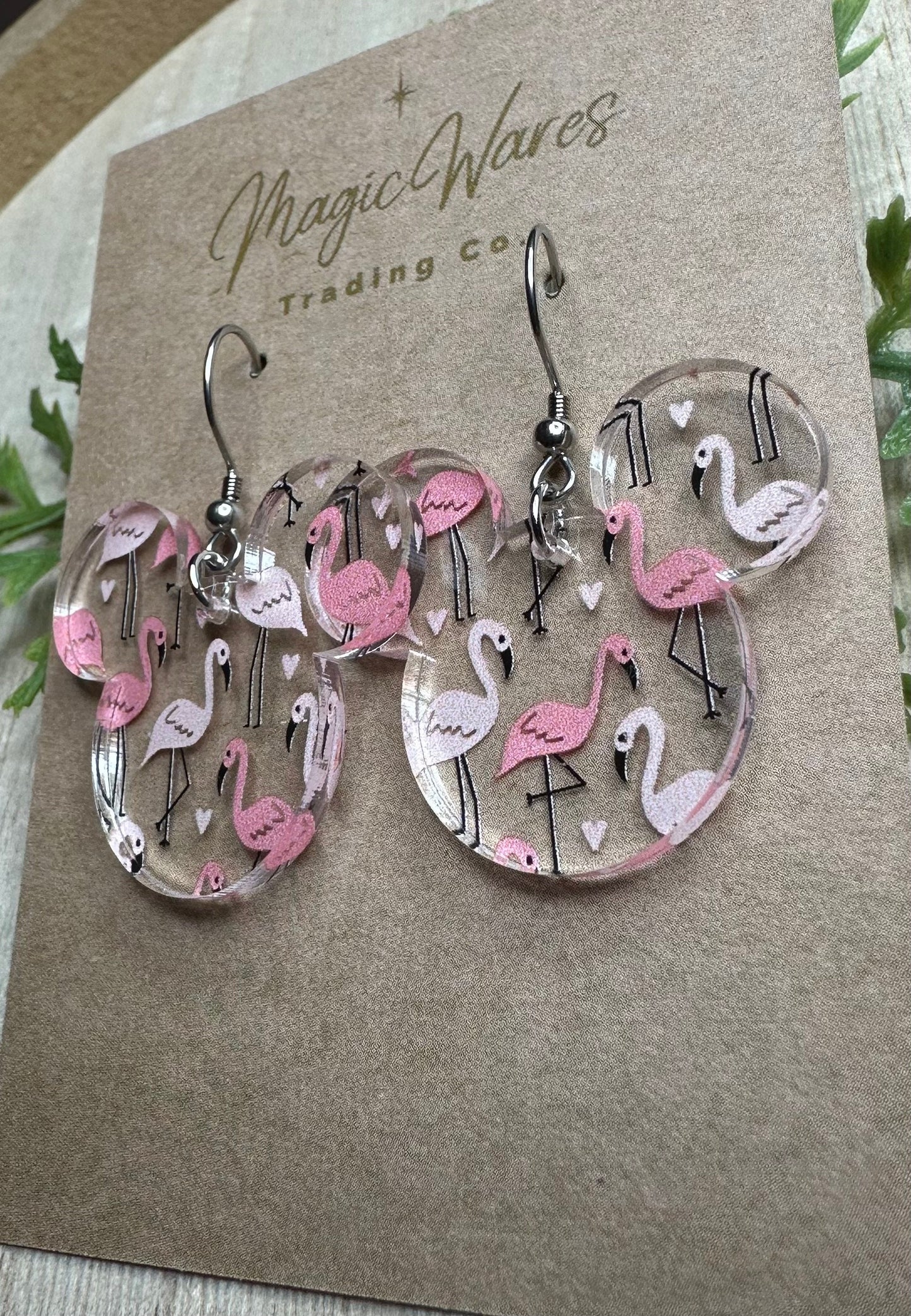 Love Birds, Mouse head shaped dangle earrings, Laser cut Flamingo and Hearts Patterned Crystal Acrylic Earrings, Made to order