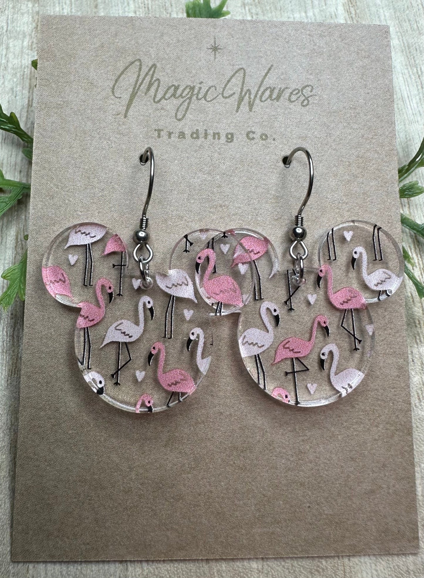 Love Birds, Mouse head shaped dangle earrings, Laser cut Flamingo and Hearts Patterned Crystal Acrylic Earrings, Made to order