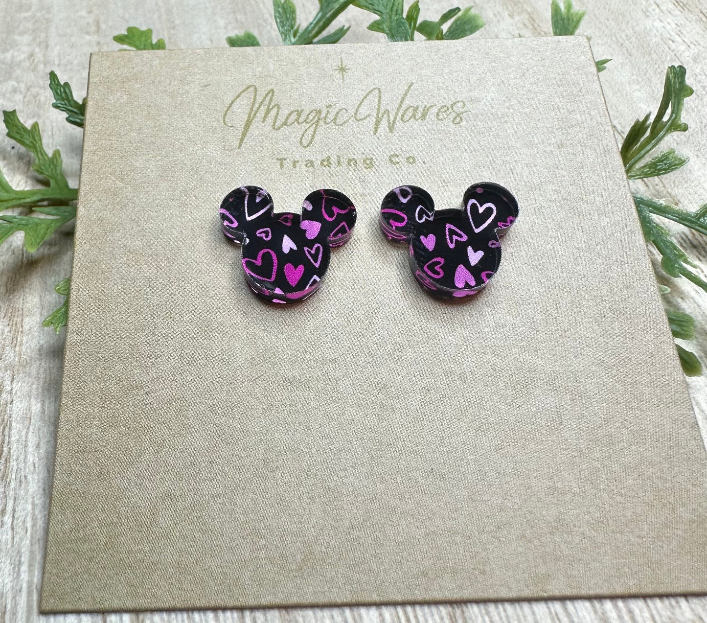 Black Hearts Stud, Mouse head shaped, Laser cut from Black Hearts pattern crystal acrylic, Pierced earlobe post back earrings