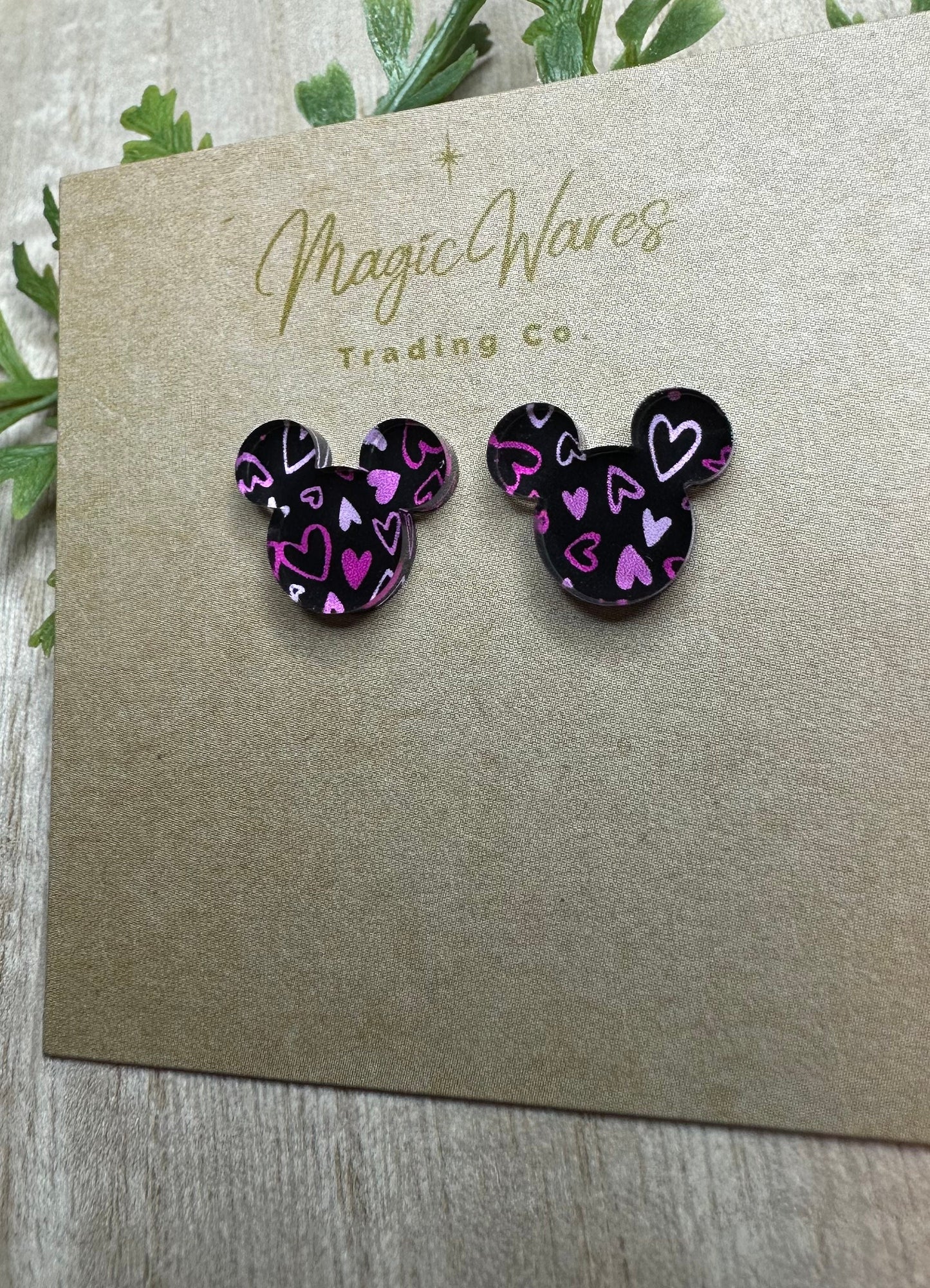 Black Hearts Stud, Mouse head shaped, Laser cut from Black Hearts pattern crystal acrylic, Pierced earlobe post back earrings
