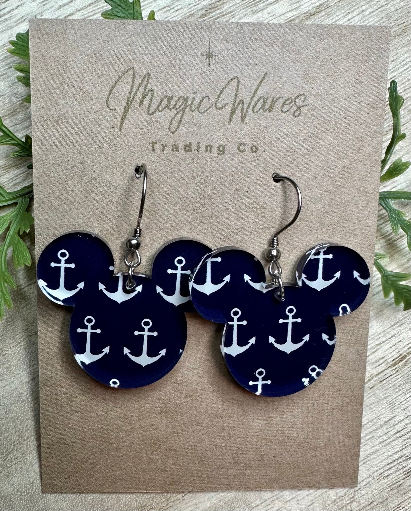 Let's Cruise, Mouse head shaped dangle earrings, Laser cut Navy with White Anchors Patterned Crystal Acrylic Earrings, Made to order