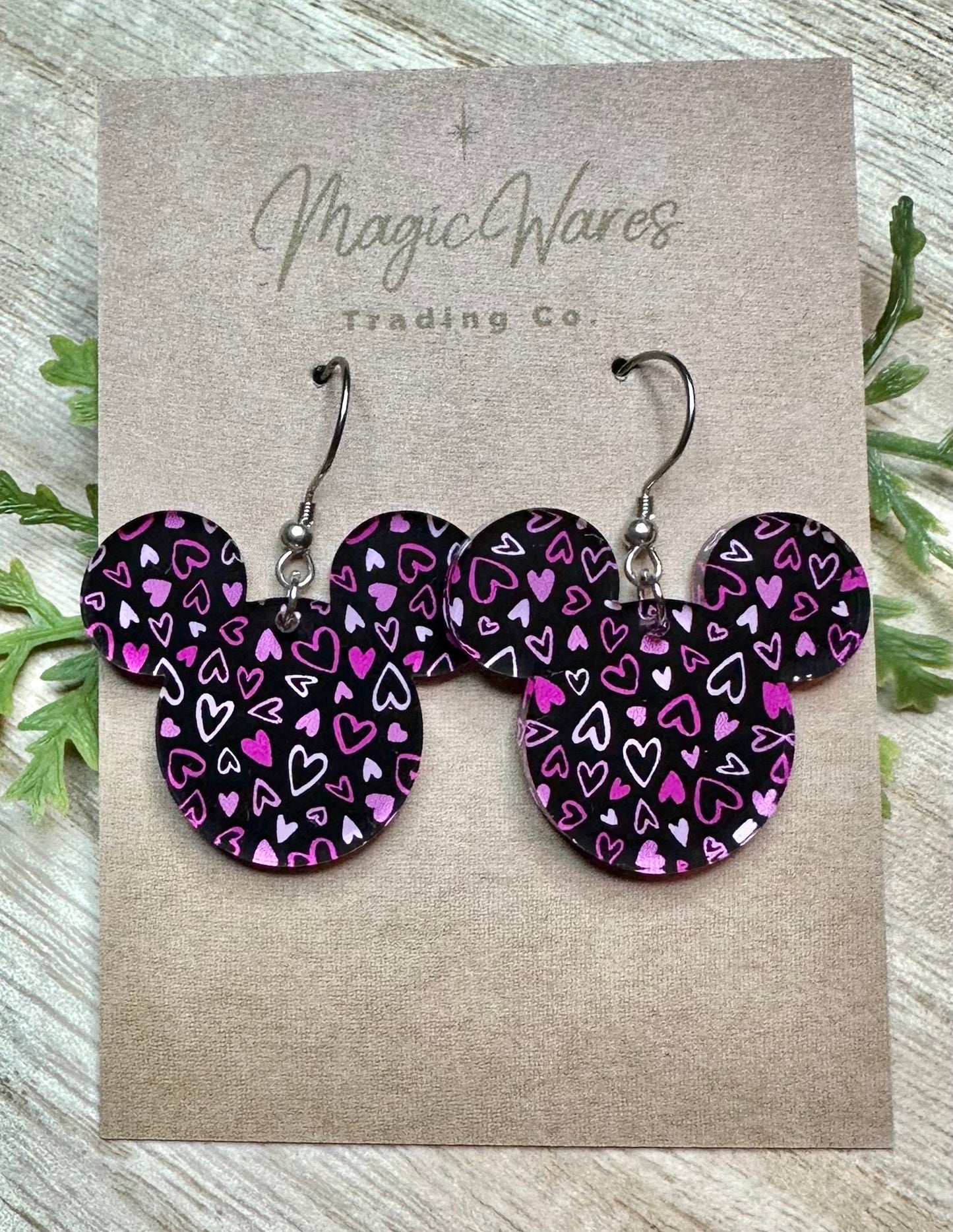 Black Hearts Valentine, Mouse head Laser cut Dangle Earrings, Black with Pink Hearts Patterned Crystal Acrylic, Valentines Earrings