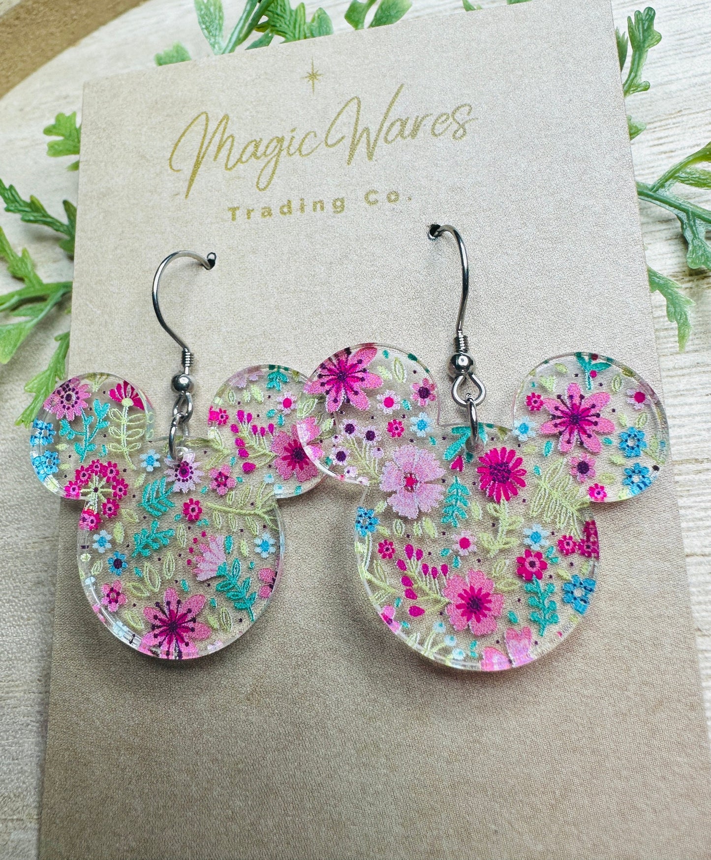 Spring Floral Mouse, Laser Cut, Floral patterned Crystal Acrylic Earrings, Dangle Earrings, Made to order, Glowforge Earrings