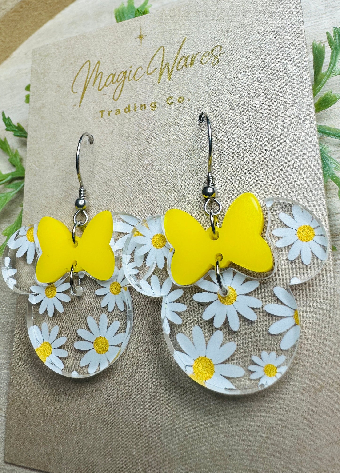 Daisy Minnie, Yellow Bow Dangle, Laser cut Crystal acrylic with Daisy Pattern, Dangle Earrings, handmade earrings, Flower and Garden