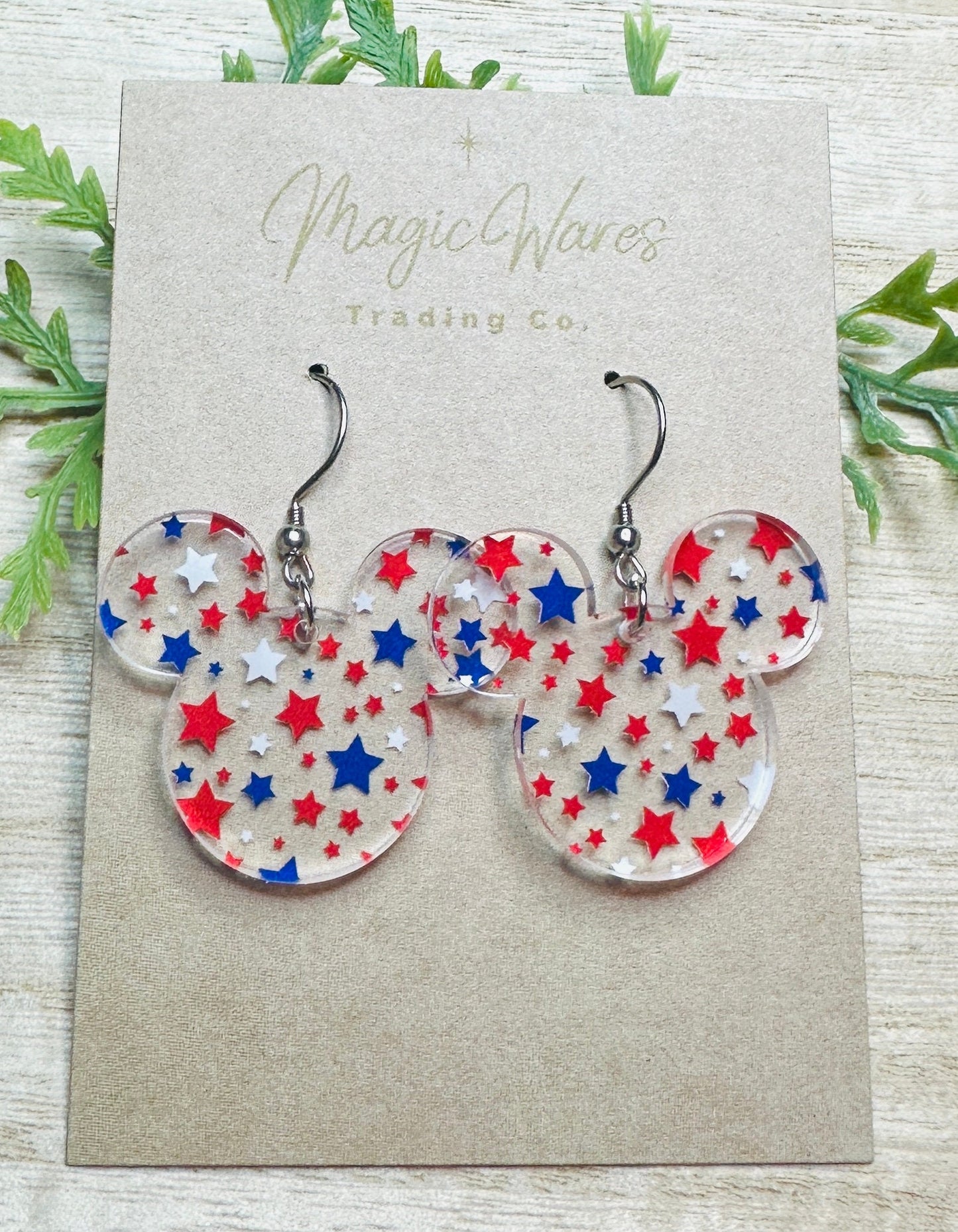 Red White and Blue Mouse, Laser Cut, Stars patterned Crystal Acrylic Earrings, Dangle Earrings, Made to order, Glowforge Earrings