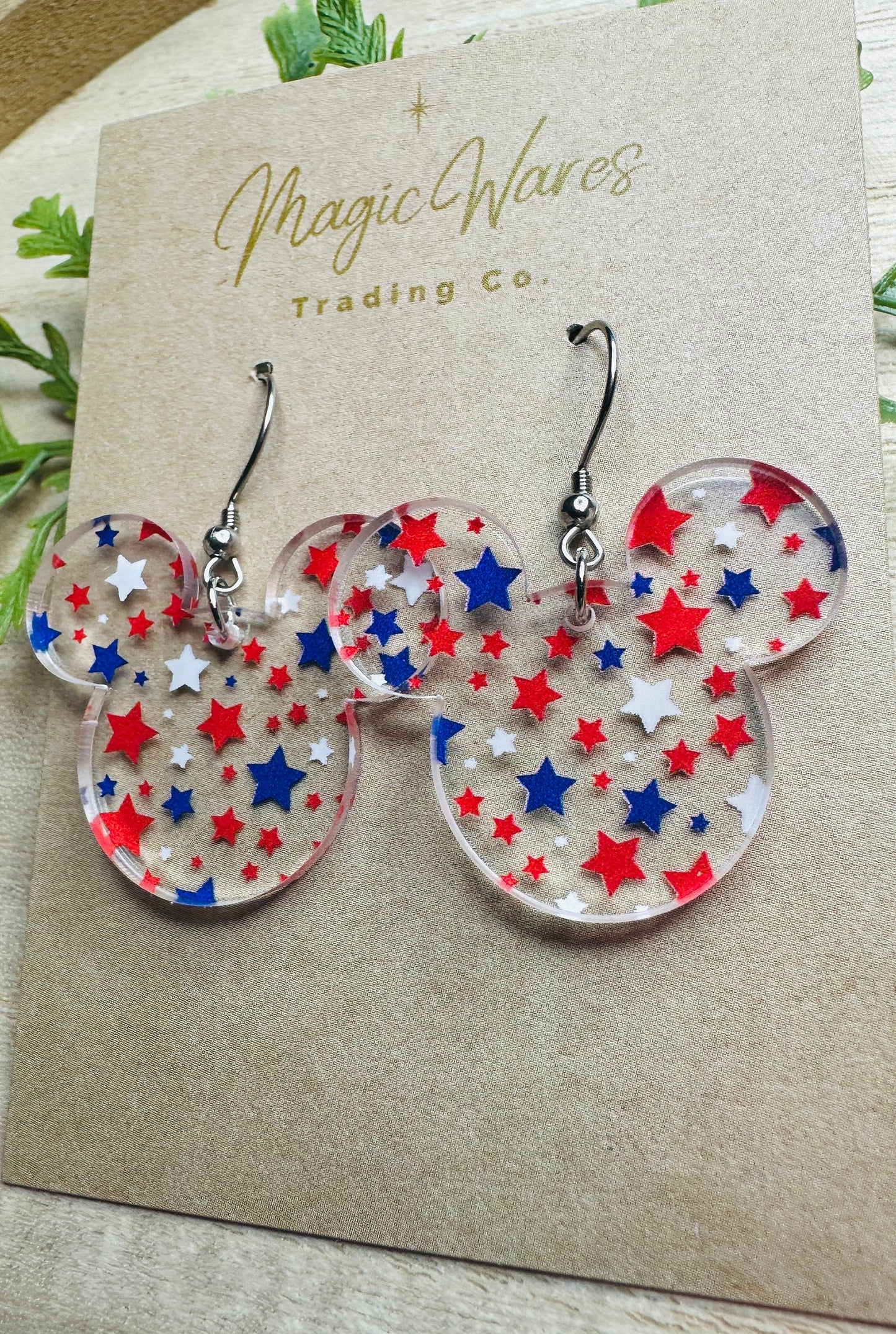 Red White and Blue Mouse, Laser Cut, Stars patterned Crystal Acrylic Earrings, Dangle Earrings, Made to order, Glowforge Earrings