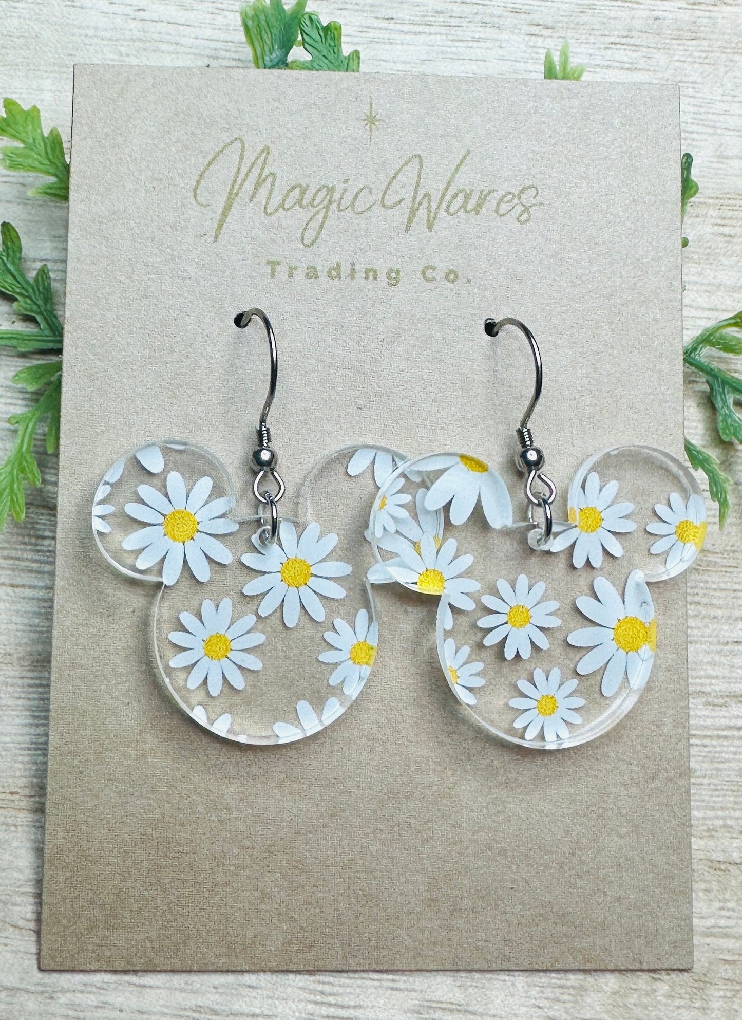Daisy Mouse, Laser Cut, Daisy Floral patterned Crystal Acrylic Earrings, Dangle Earrings, Made to order, Glowforge Earrings