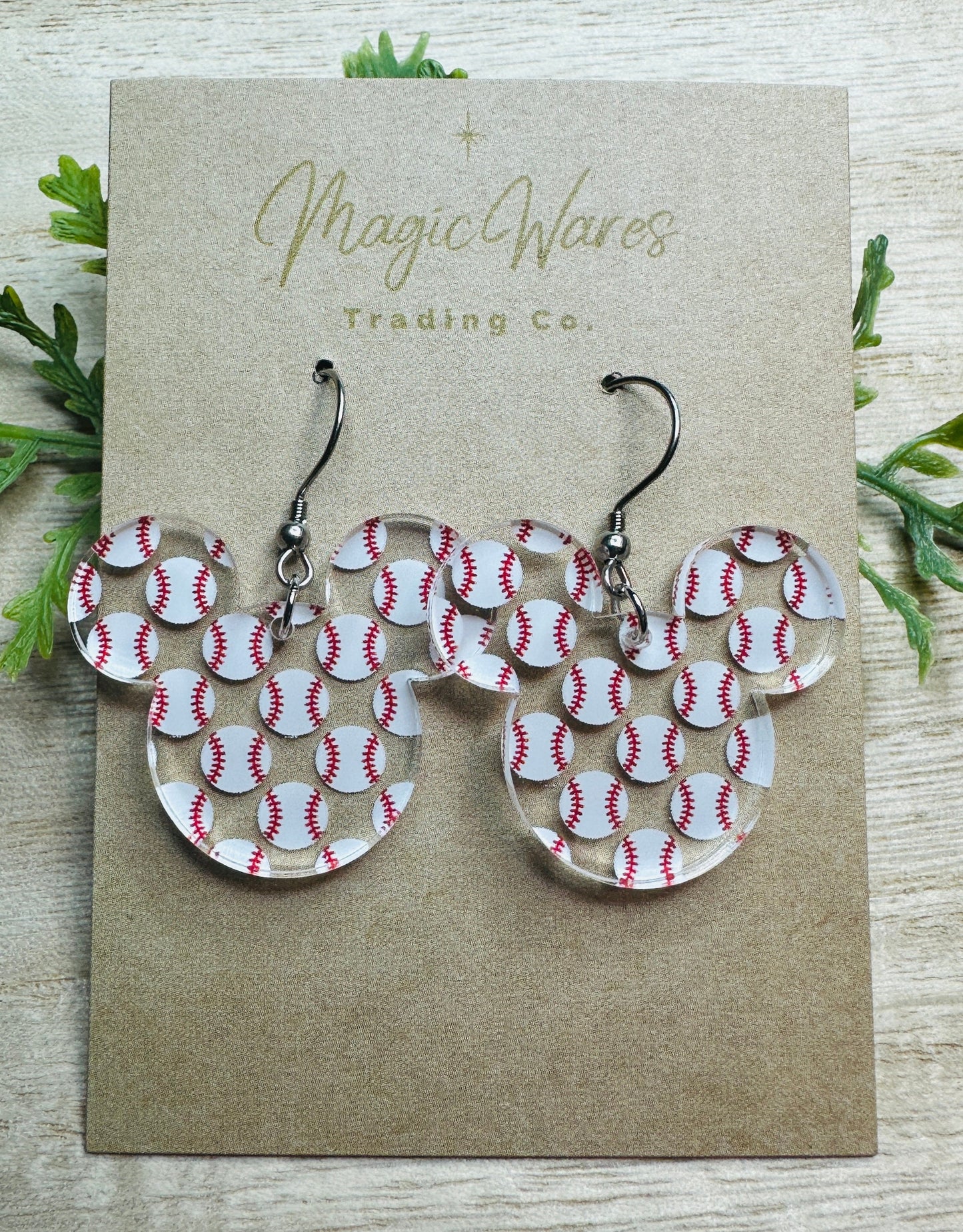 Baseball Mouse, Mouse head Laser cut Baseball Patterned Crystal Acrylic Earrings, Handmade earrings, Glowforge Earrings