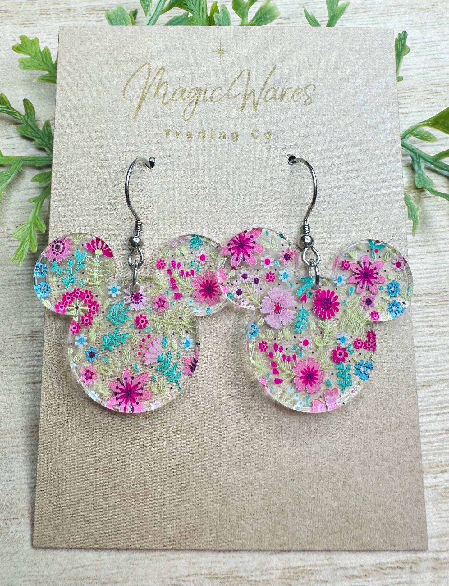 Spring Floral Mouse, Laser Cut, Floral patterned Crystal Acrylic Earrings, Dangle Earrings, Made to order, Glowforge Earrings