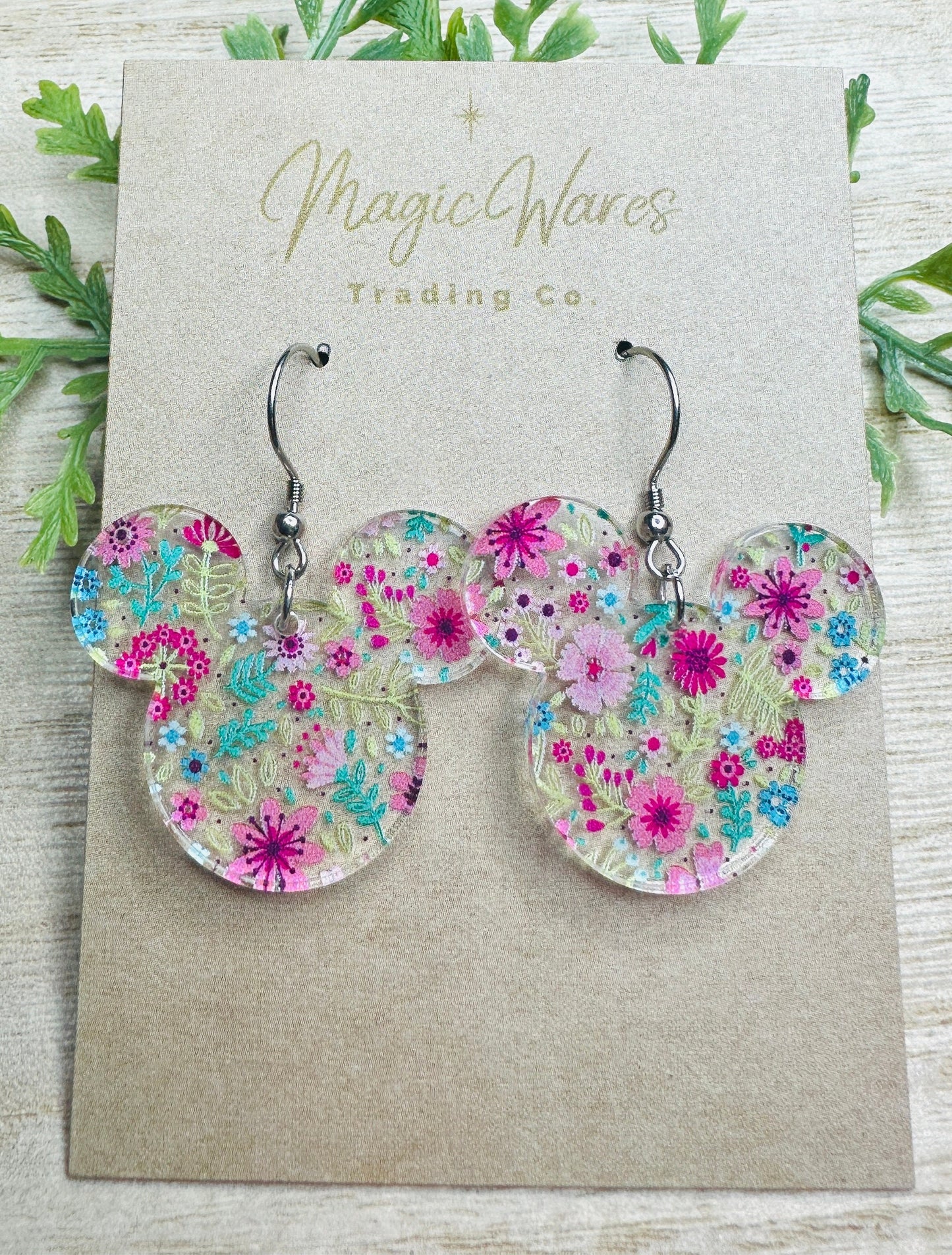 Spring Floral Mouse, Laser Cut, Floral patterned Crystal Acrylic Earrings, Dangle Earrings, Made to order, Glowforge Earrings