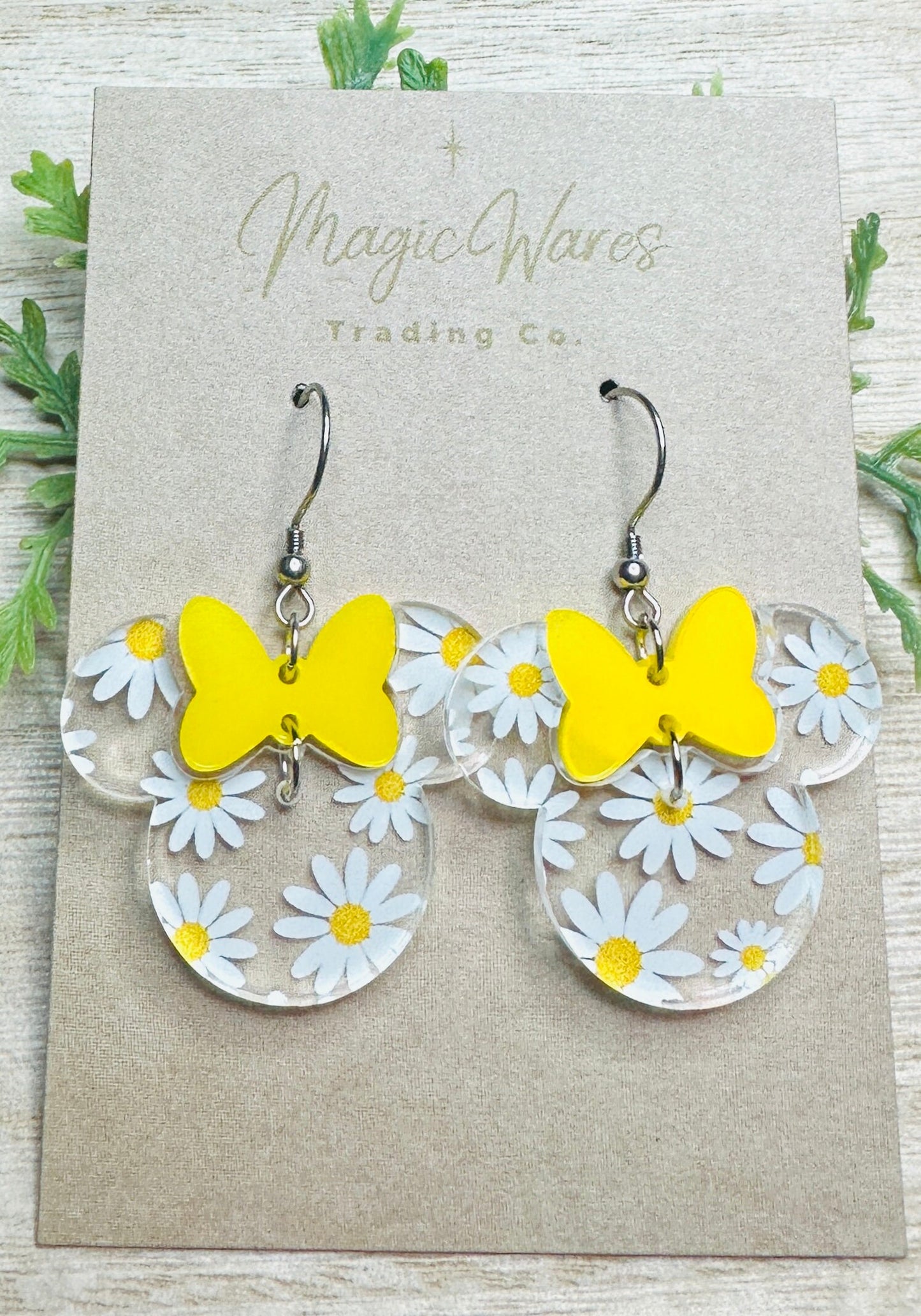 Daisy Minnie, Yellow Bow Dangle, Laser cut Crystal acrylic with Daisy Pattern, Dangle Earrings, handmade earrings, Flower and Garden