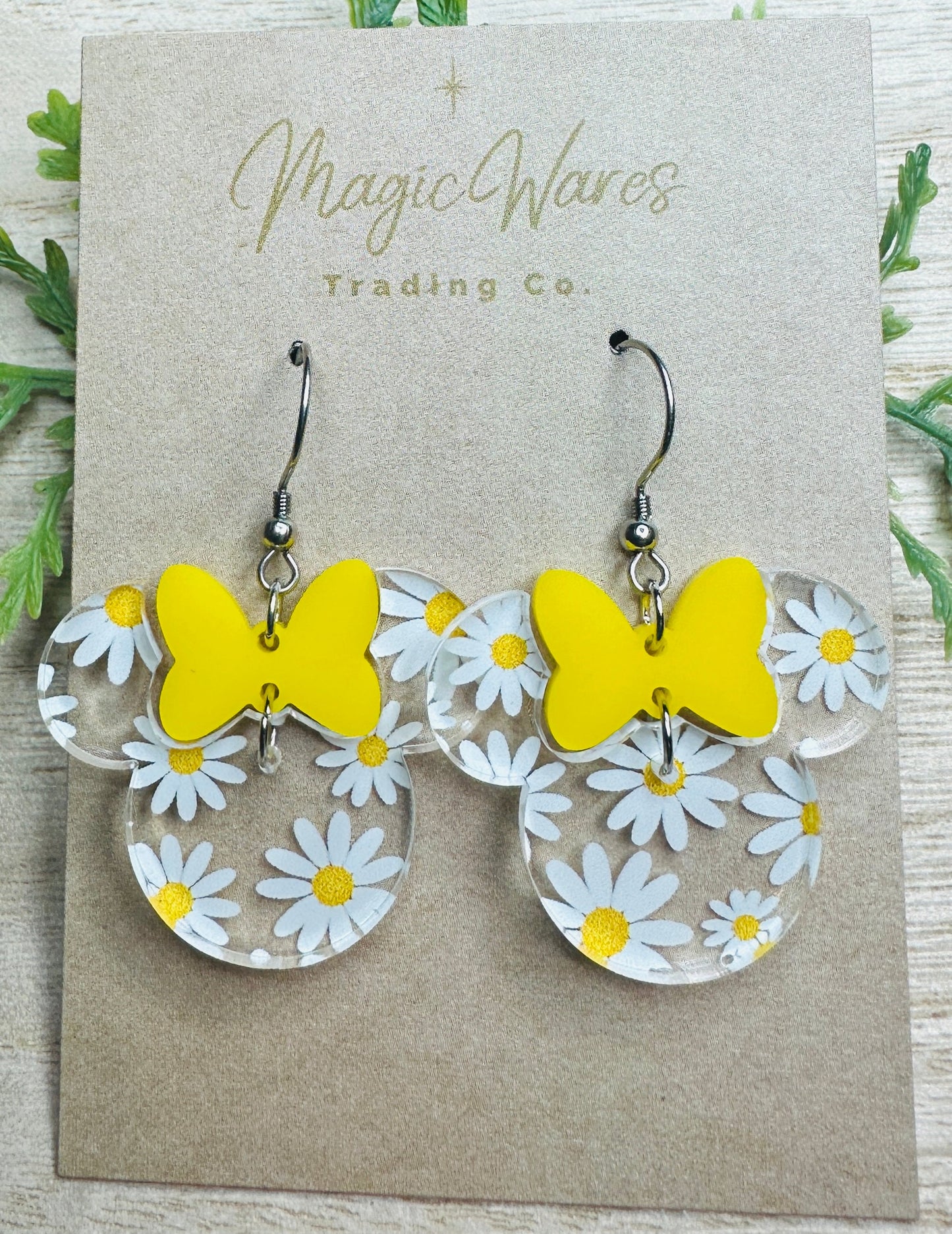 Daisy Minnie, Yellow Bow Dangle, Laser cut Crystal acrylic with Daisy Pattern, Dangle Earrings, handmade earrings, Flower and Garden