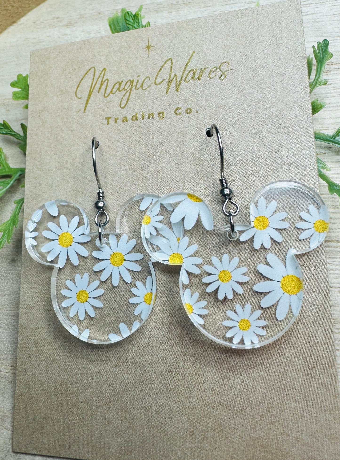 Daisy Mouse, Laser Cut, Daisy Floral patterned Crystal Acrylic Earrings, Dangle Earrings, Made to order, Glowforge Earrings