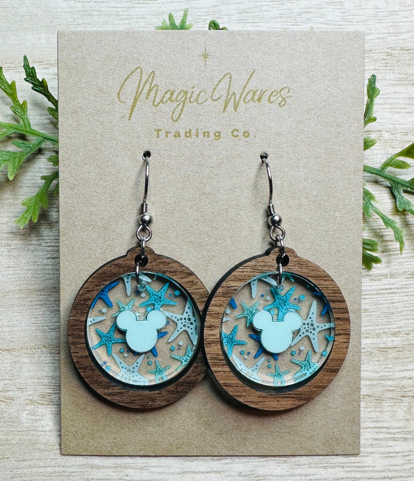 Starfish Round Gem Dangle Earrings, Aqua Acrylic Hidden Mouse, Walnut Hardwood, Laser Cut Starfish Crystal Acrylic, Beach Earrings