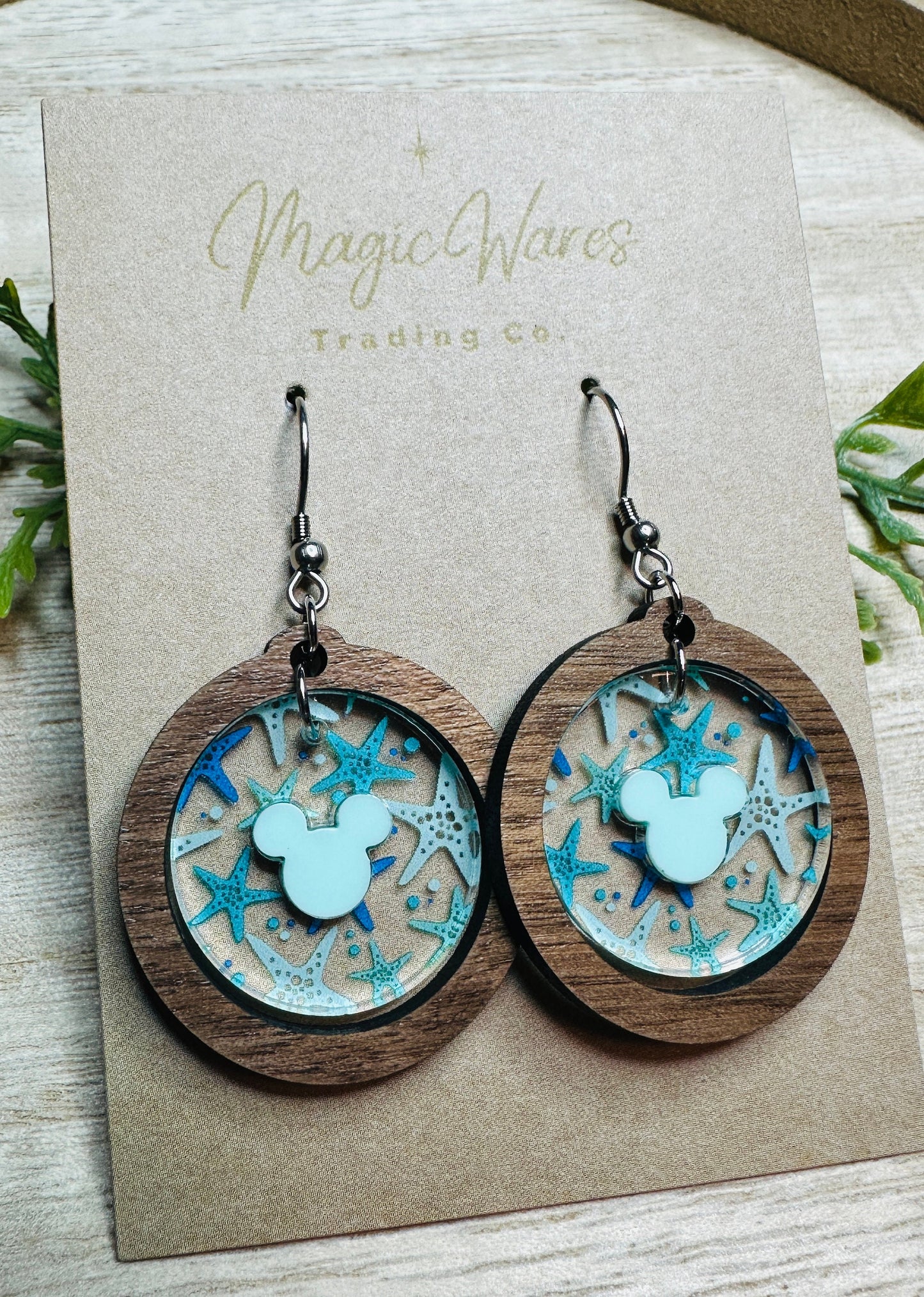 Starfish Round Gem Dangle Earrings, Aqua Acrylic Hidden Mouse, Walnut Hardwood, Laser Cut Starfish Crystal Acrylic, Beach Earrings