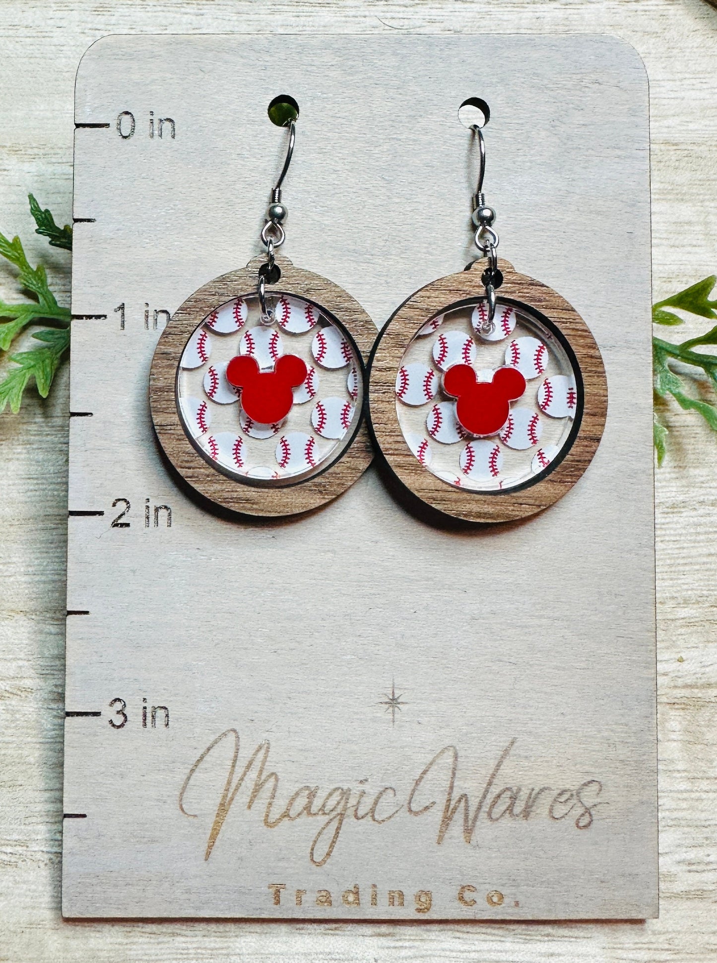 Daisy Round Gem Dangle Earrings, Yellow Acrylic Hidden Mouse, Walnut Hardwood, Laser Cut Daisy Pattern Crystal Acrylic